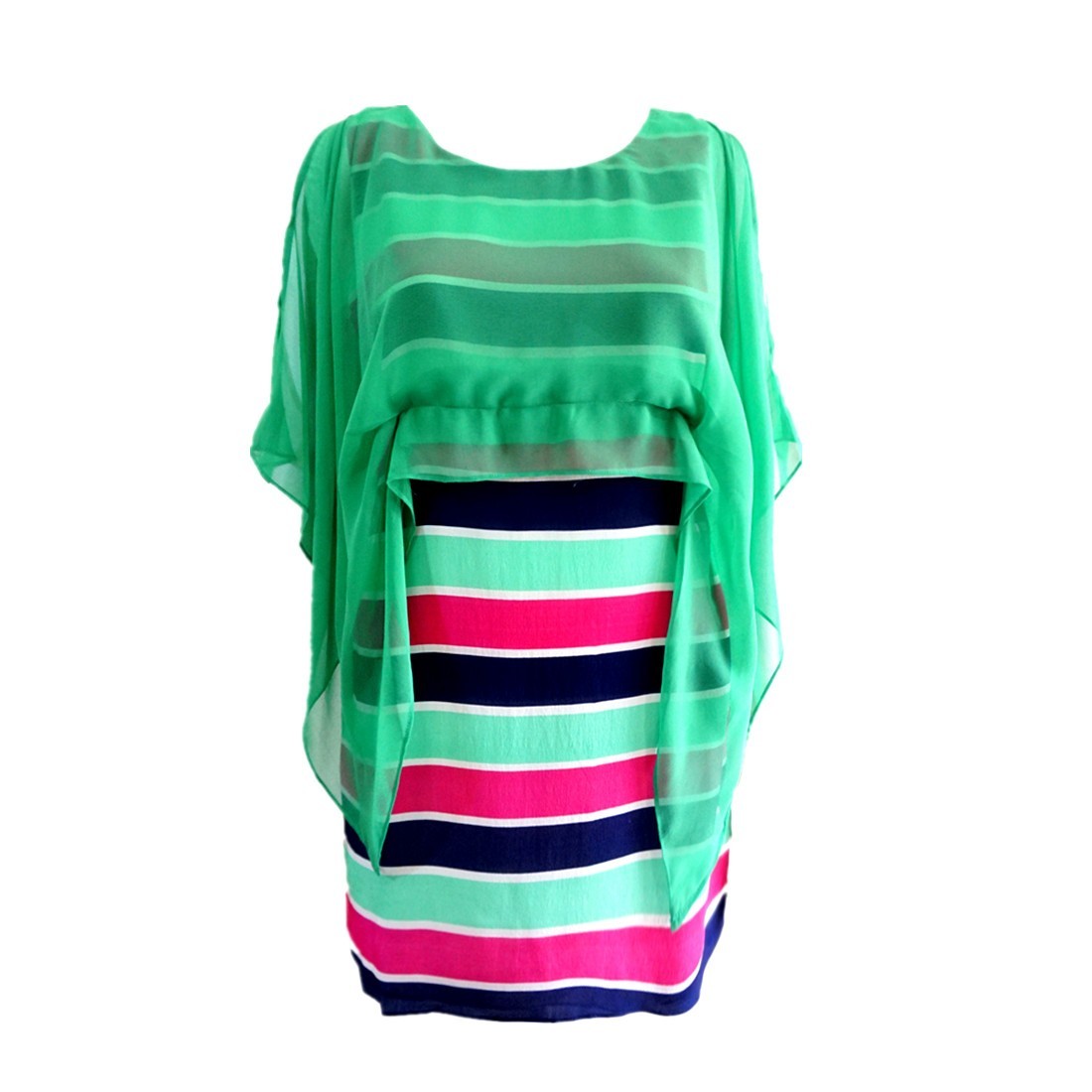 Women 100% Silk Layered Dress Poncho Sleeve Striped Casual Party Beach Sundress