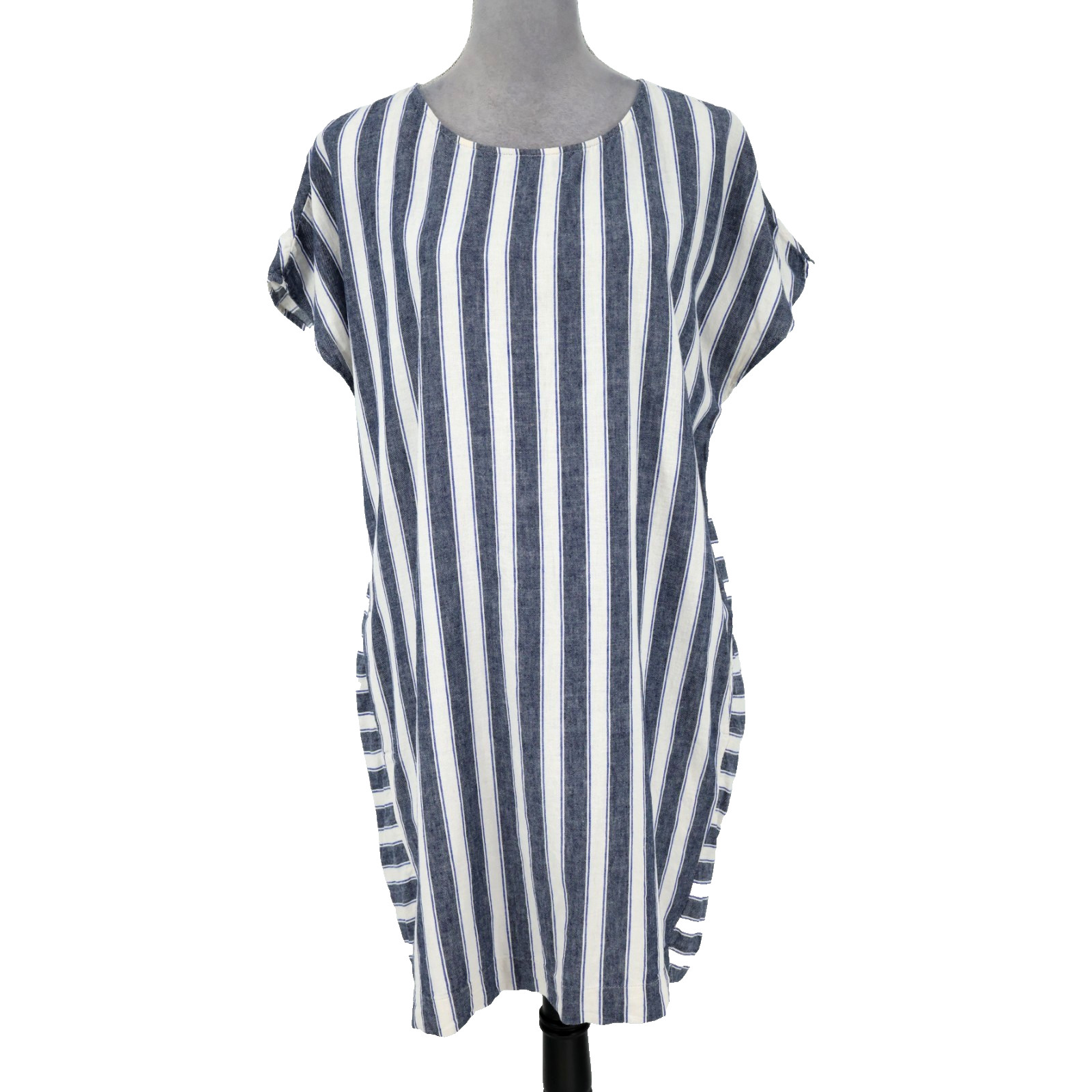 Madewell Dress Womens XL Blue White Stripe Linen Cotton Blend Back Buttons Beach
