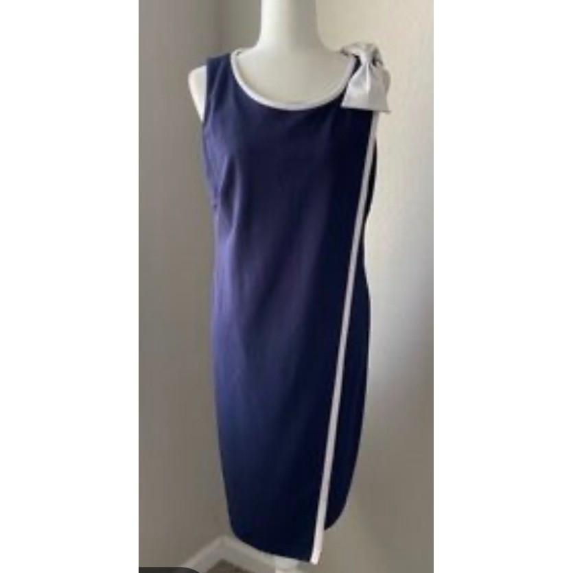 Glamour NWT Navy Blue w/ White Trim Bow Shoulder Sheath Dress – Size 10