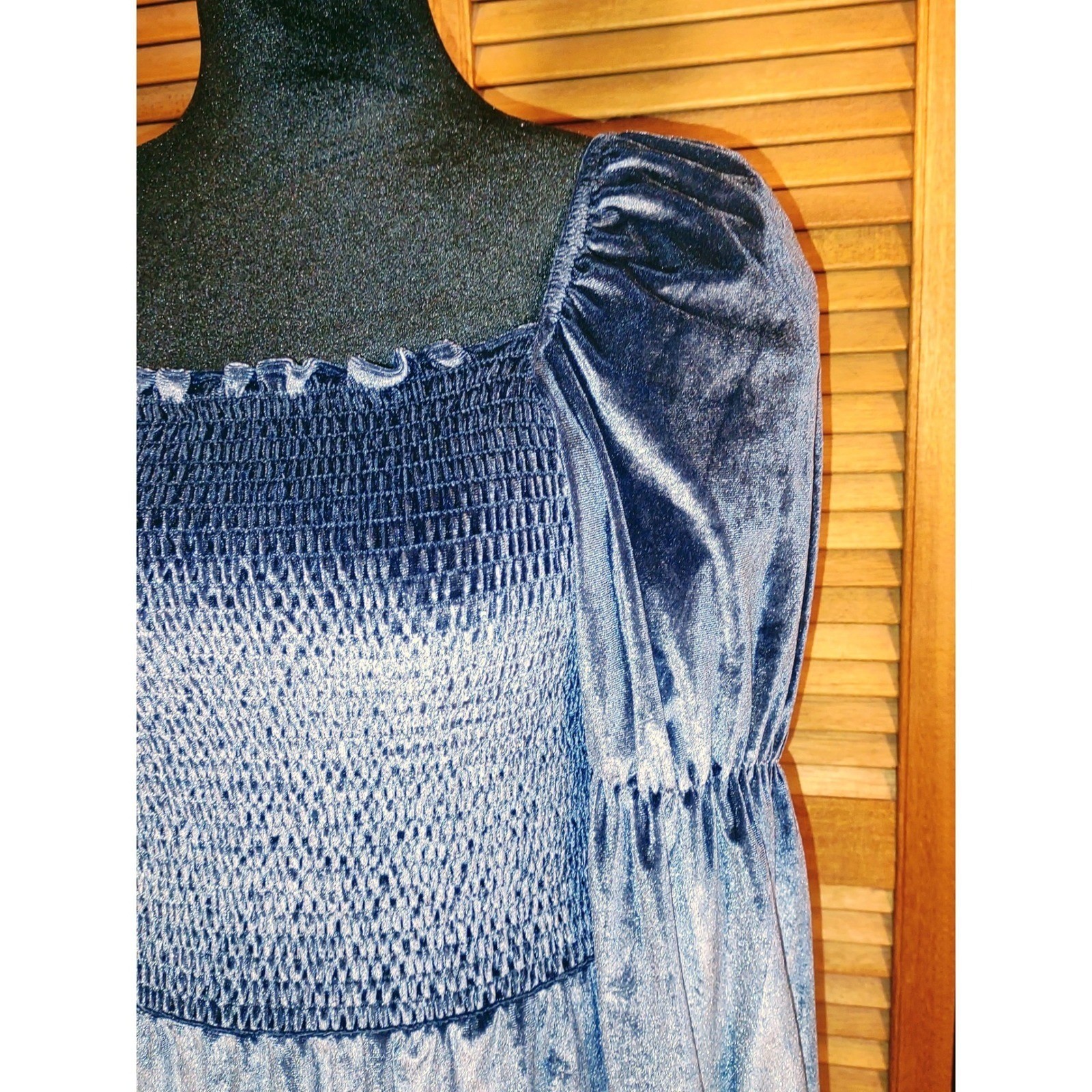 Velvet Milkmaid Smocked Square Neck Peasant Puff Sleeve Mini Dress – Blue XL