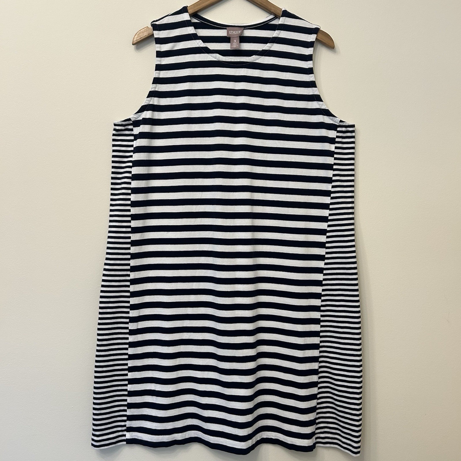 Chico’s Size 3 Navy Blue And White Cotton Blend Striped Sleeveless Sun Dress
