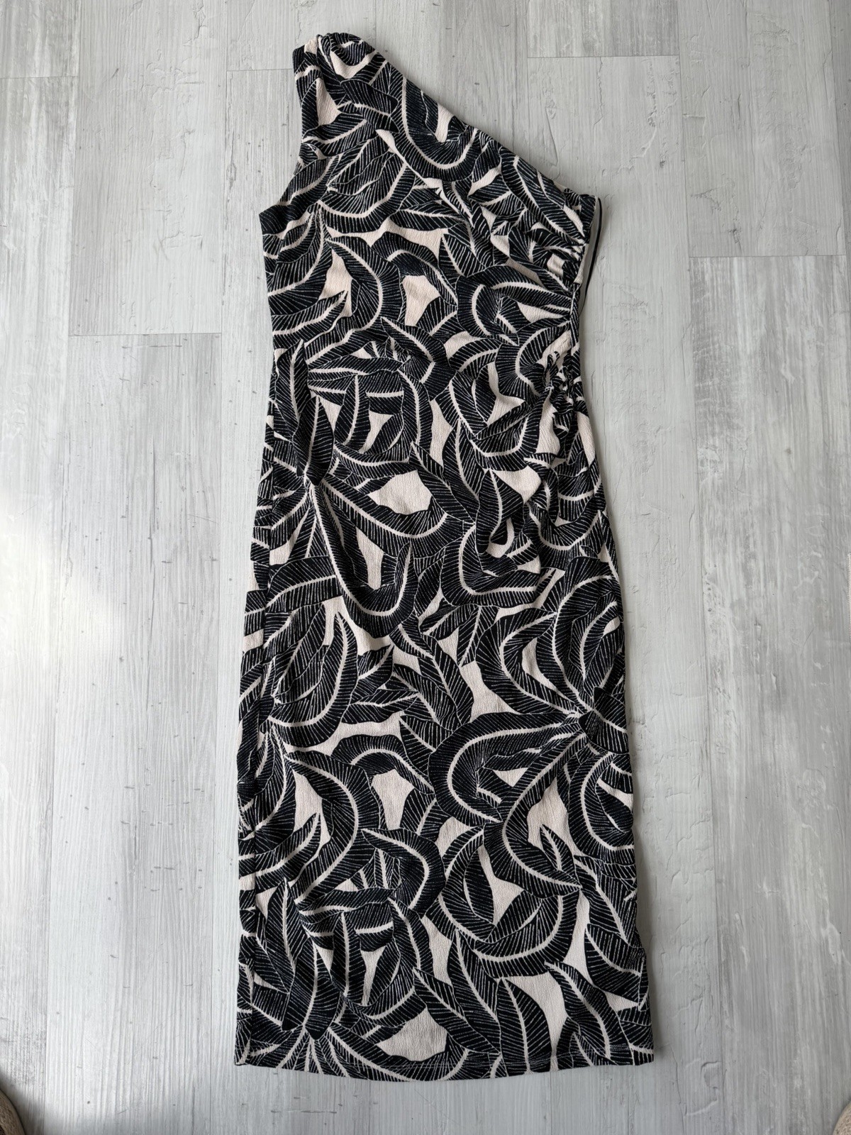 One Shoulder Abstract Leaf Pattern Midi Dress Black Beige Wedding Guest Size M
