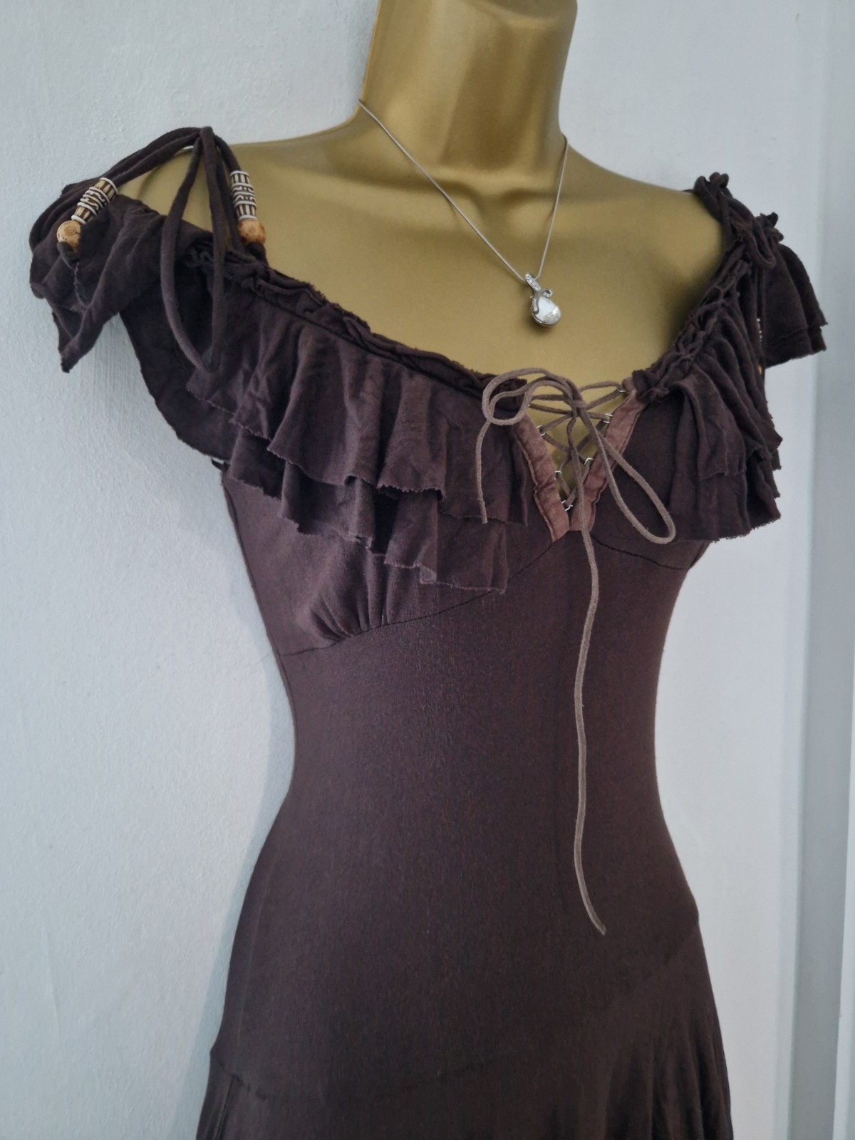 🤎 Rare Stunning Jane Norman Brown Milkmaid Fairy Boho Dress 10/12 🤎