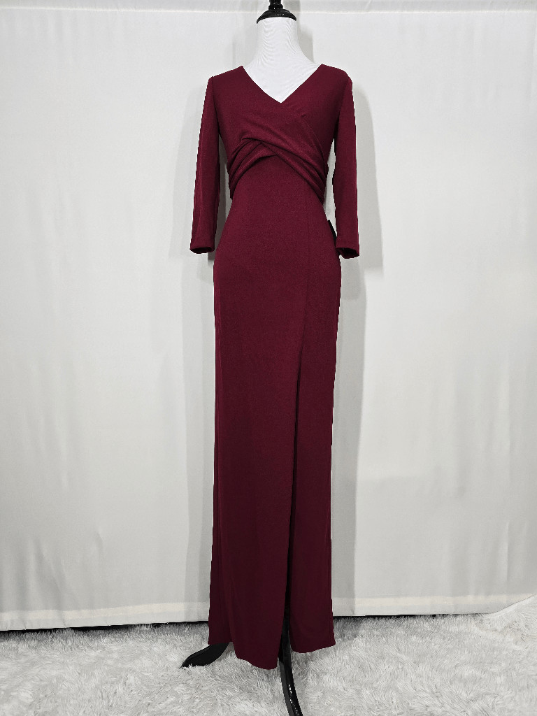 After Six 6814 Crisscross Stretch Crepe Front Slit Gown in Burgundy Size XXS