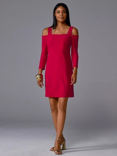 Boston Proper Beyond Travel Cold Shoulder Three Quarter Sleeve Red Dress NWT