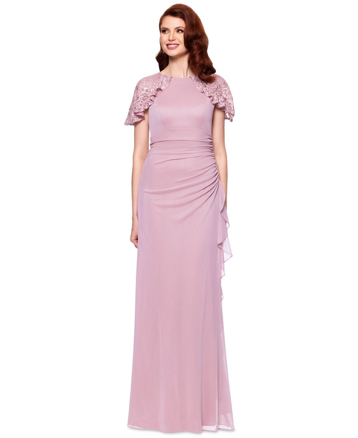 Betsy & Adam Draped Gown Lace Flutter Sleeve Ruched Ruffled Rose Pink Size 14