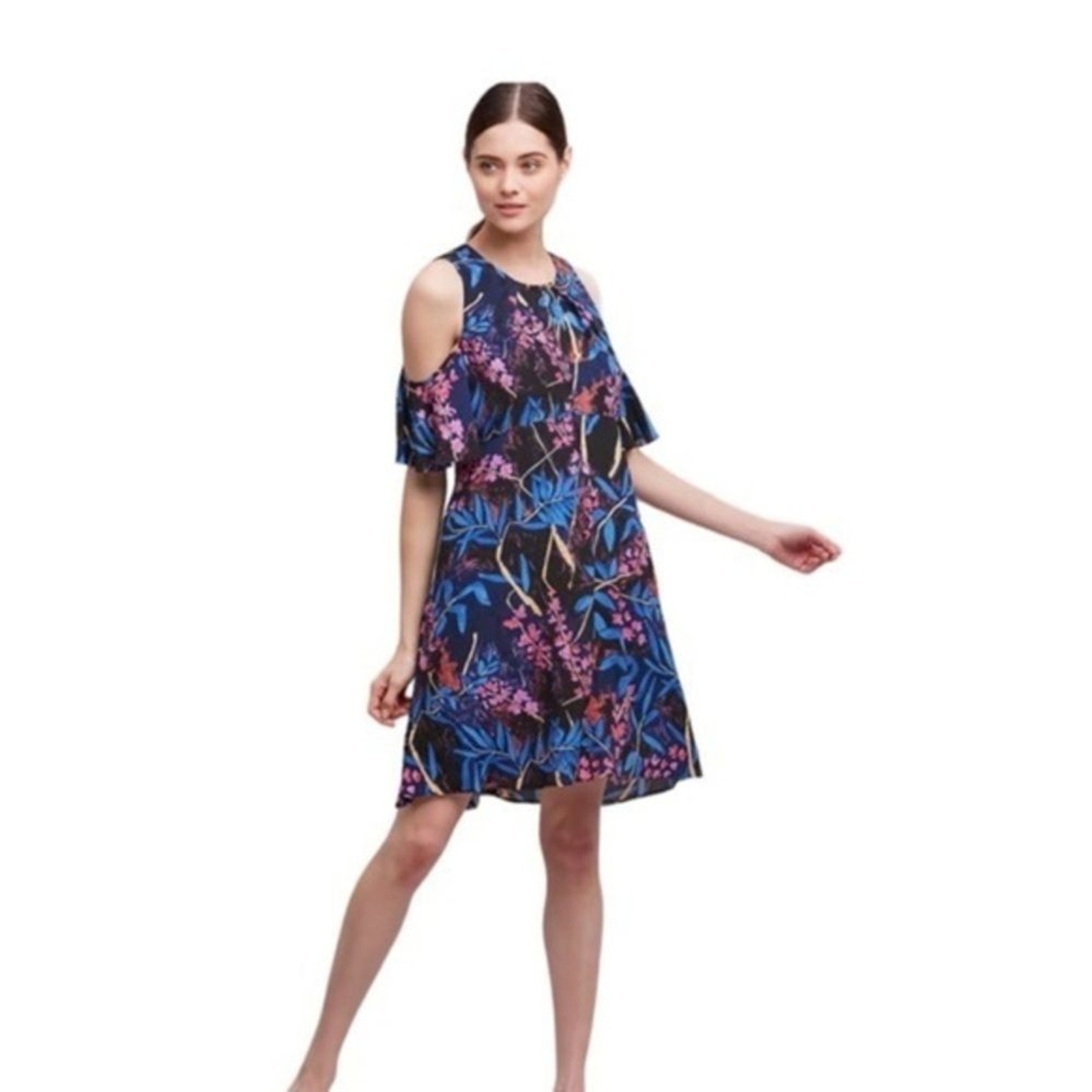 ANTHRO MAEVE ELIA NAVY MARINE MULTI COLD SHOULDER SHORT SLEEVE FLORAL DRESS 6