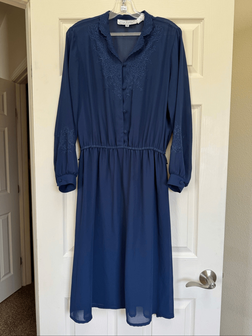 Maurada dress size 14 semi sheer navy blue long sleeve floral embroidery cottage