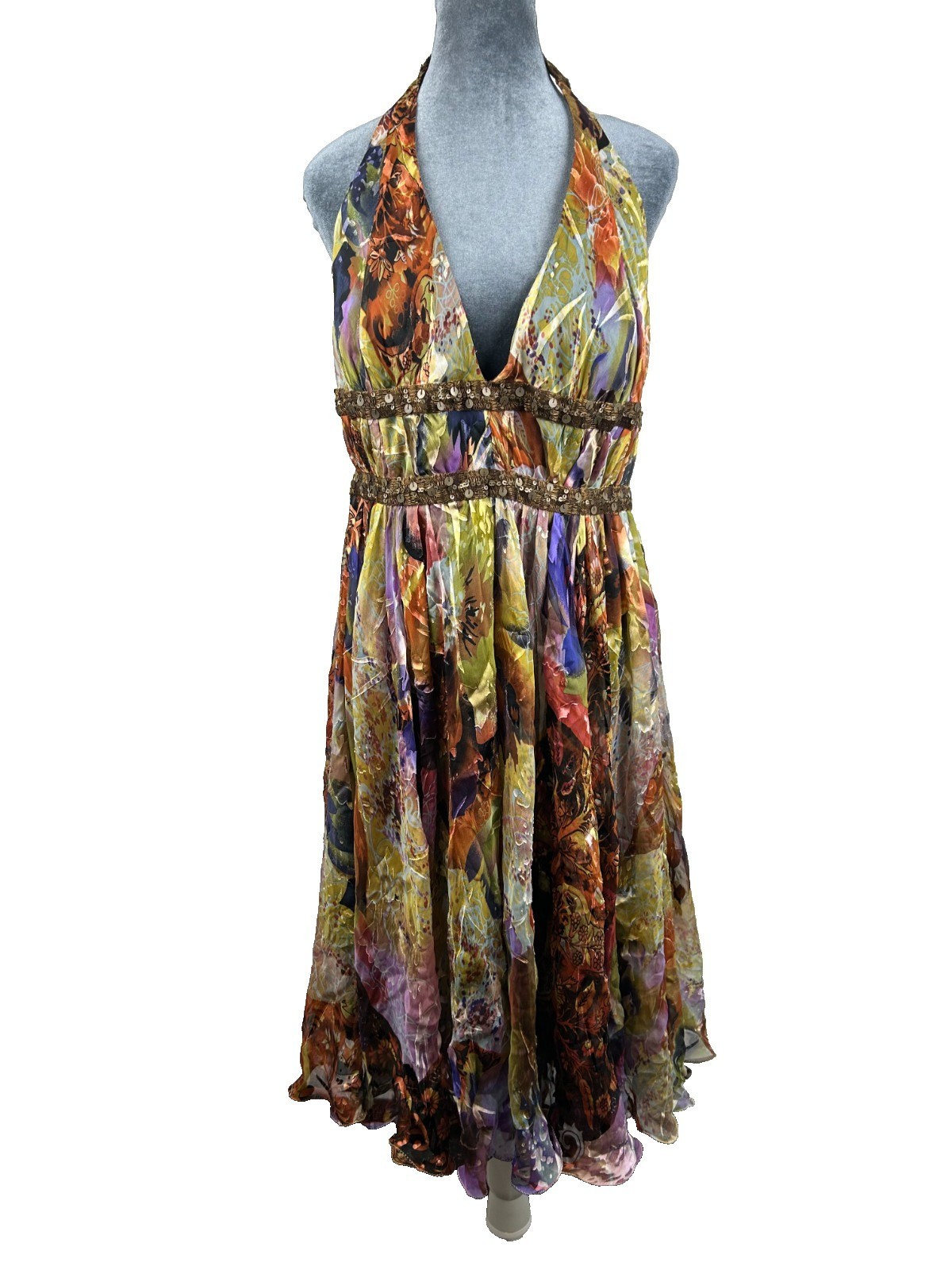 Vintage Cassandra Stone Size12 Inspired Halter Dress Midi Multicolor Silk Blend