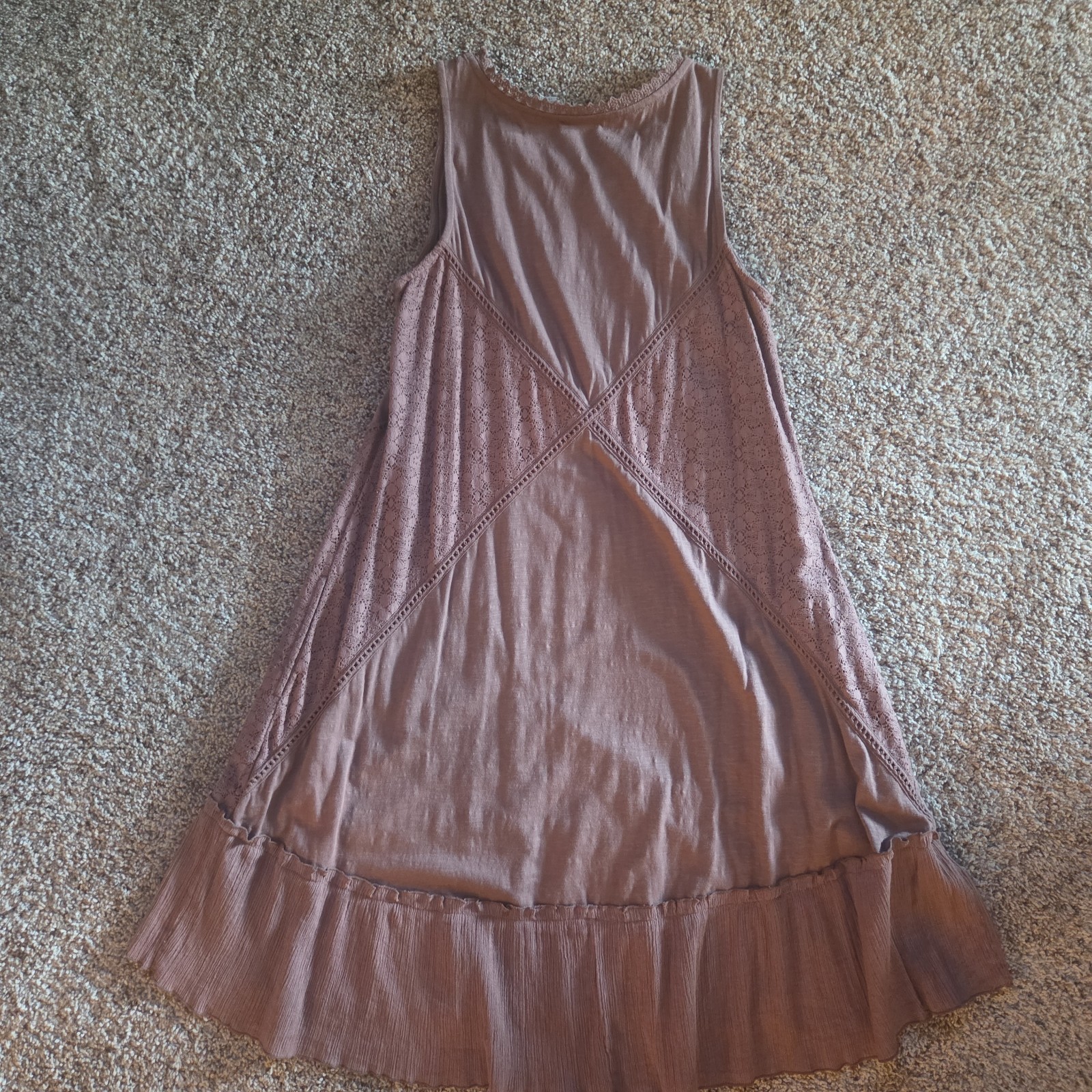 Small Cocoa Brown Sleevelss Dress Cotton Gauze Lace Ruffle LOGO Lori Goldstein