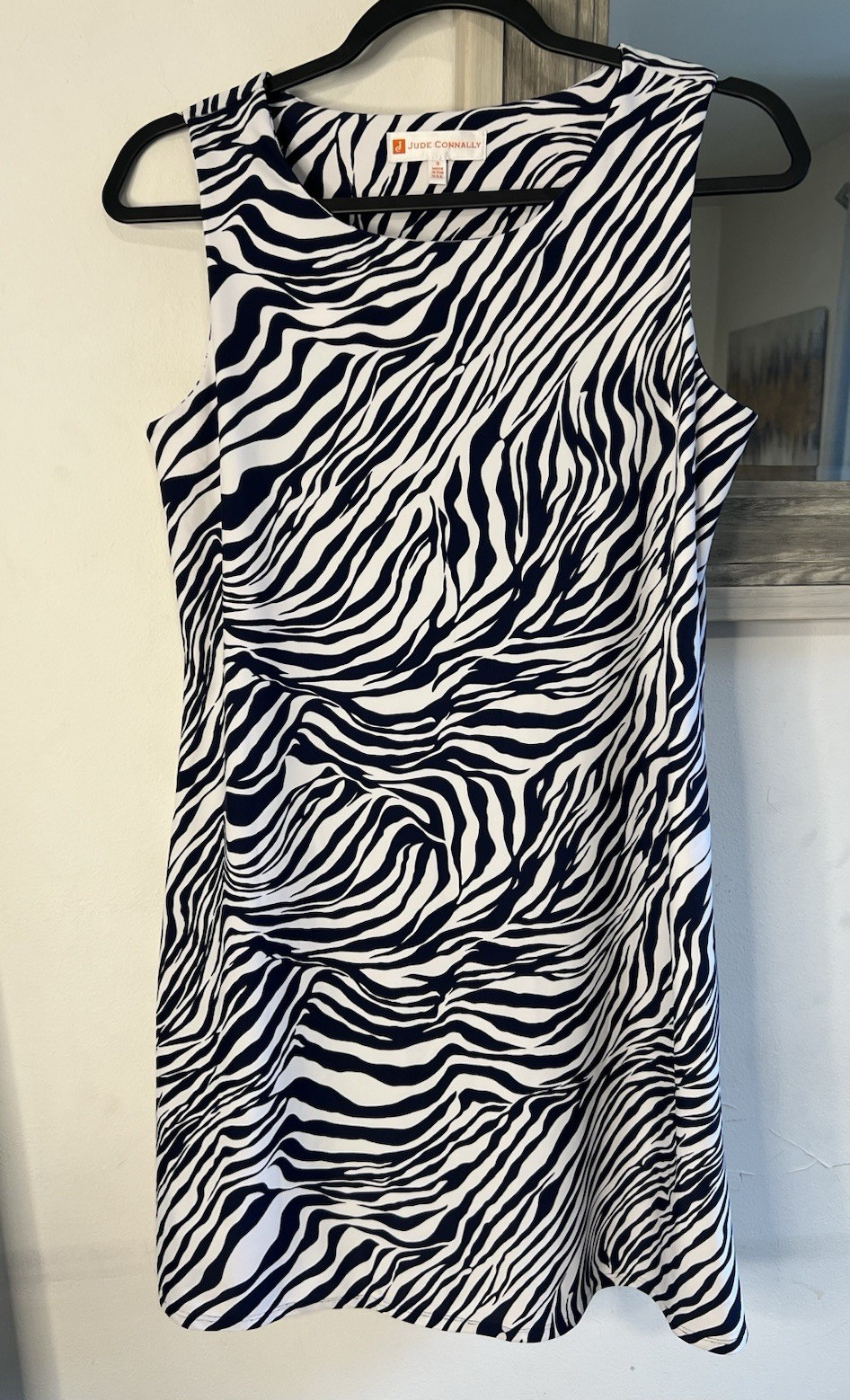 Jude Connally Shift Dress S Blue White Zebra Print Sleeveless Stretch Knit