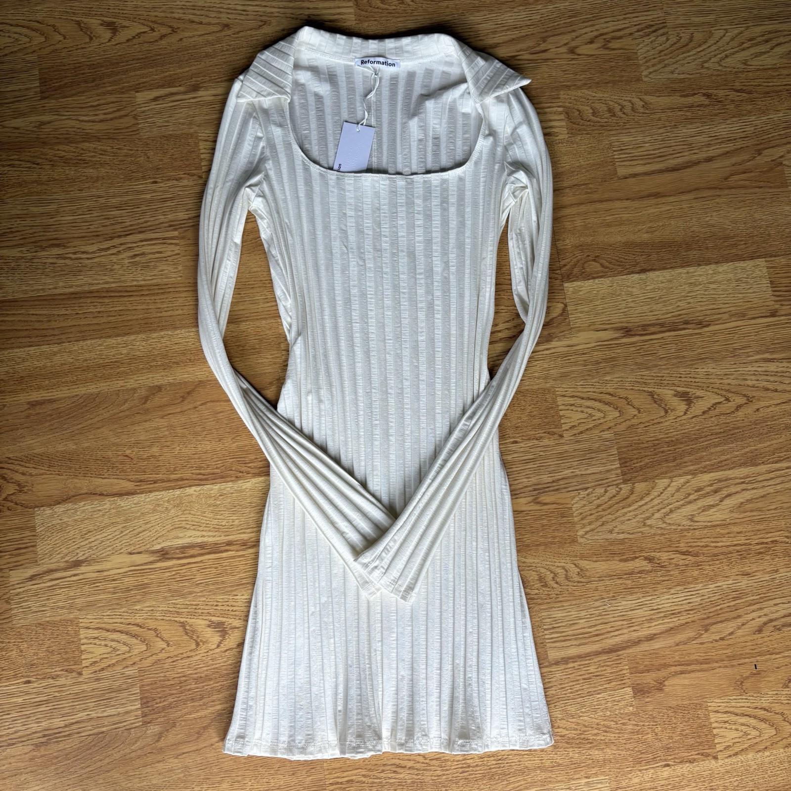 Reformation Ivory Ribbed Bodycon Mini Dress Square Neck Long Sleeve Sz S NEW