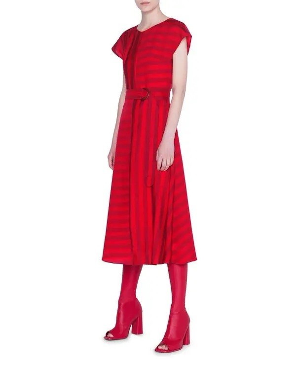 New Akris Punto Tonal Kodak-Striped Dress Red Silk Size 8 NWOT