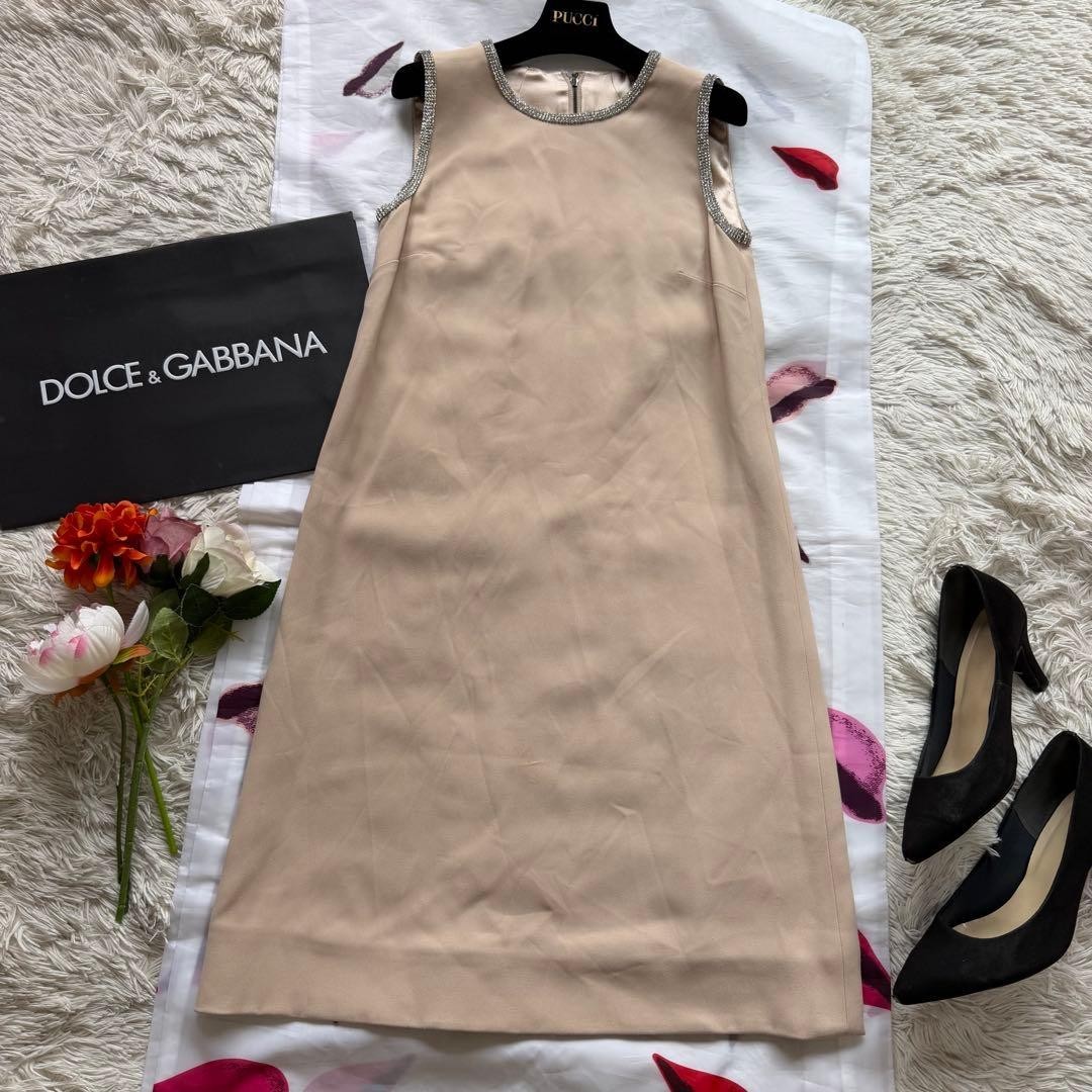 Dolce & Gabbana Beige Embellished Dress Crystal Neck Women’s Size 36 Sleeveless