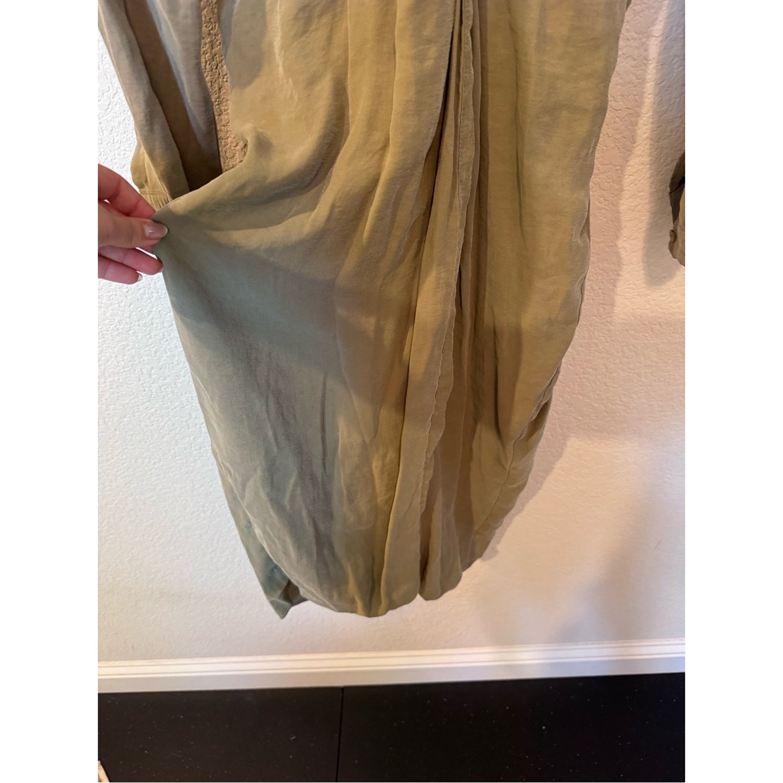 Anthropologie Olive Green Twist Front Midi Dress Size 6 Long Sleeve