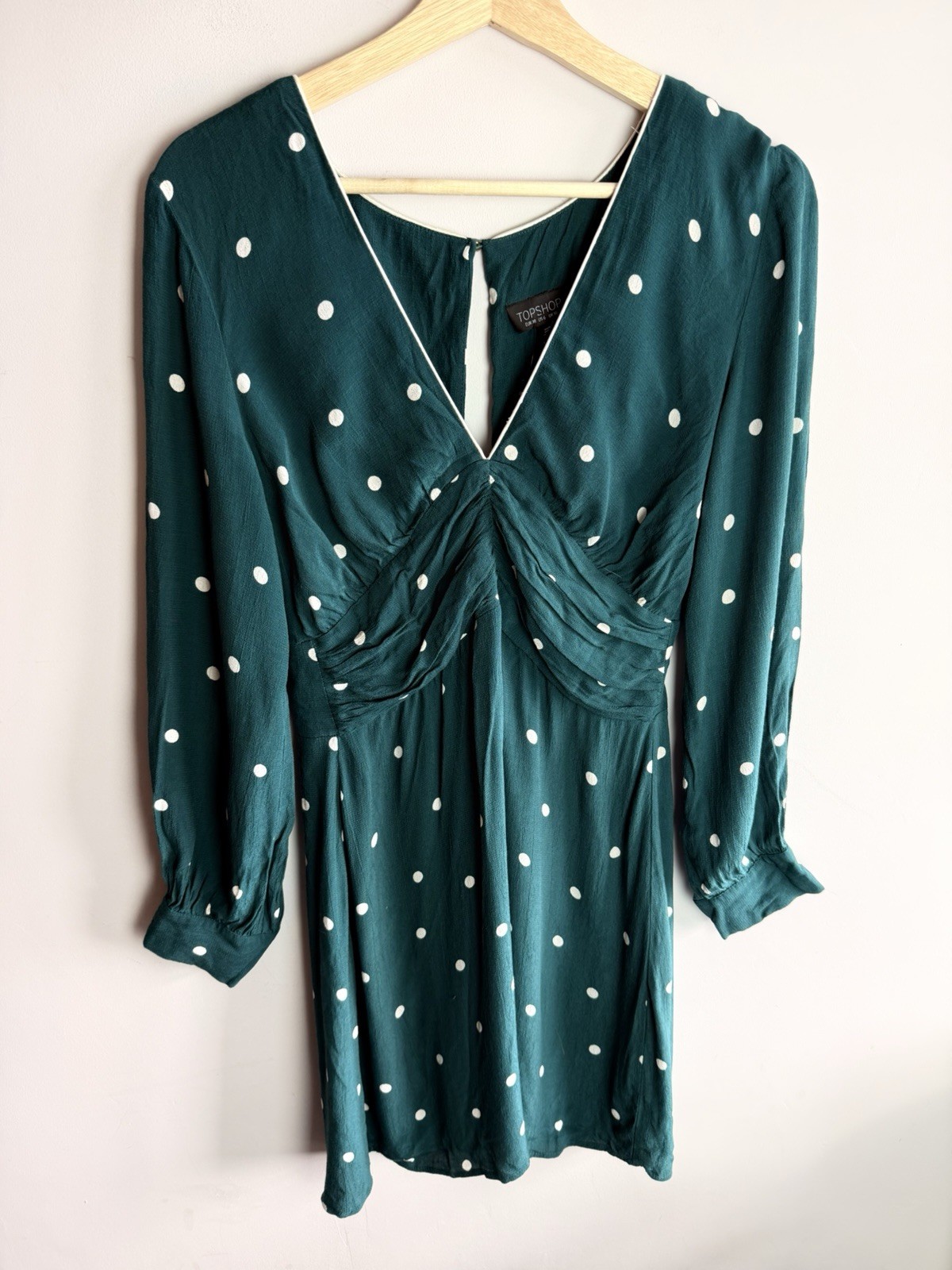 Topshop Teal Polkadot Going Out Dress V Neck Size 10 Spotty Glam Long Sleeve
