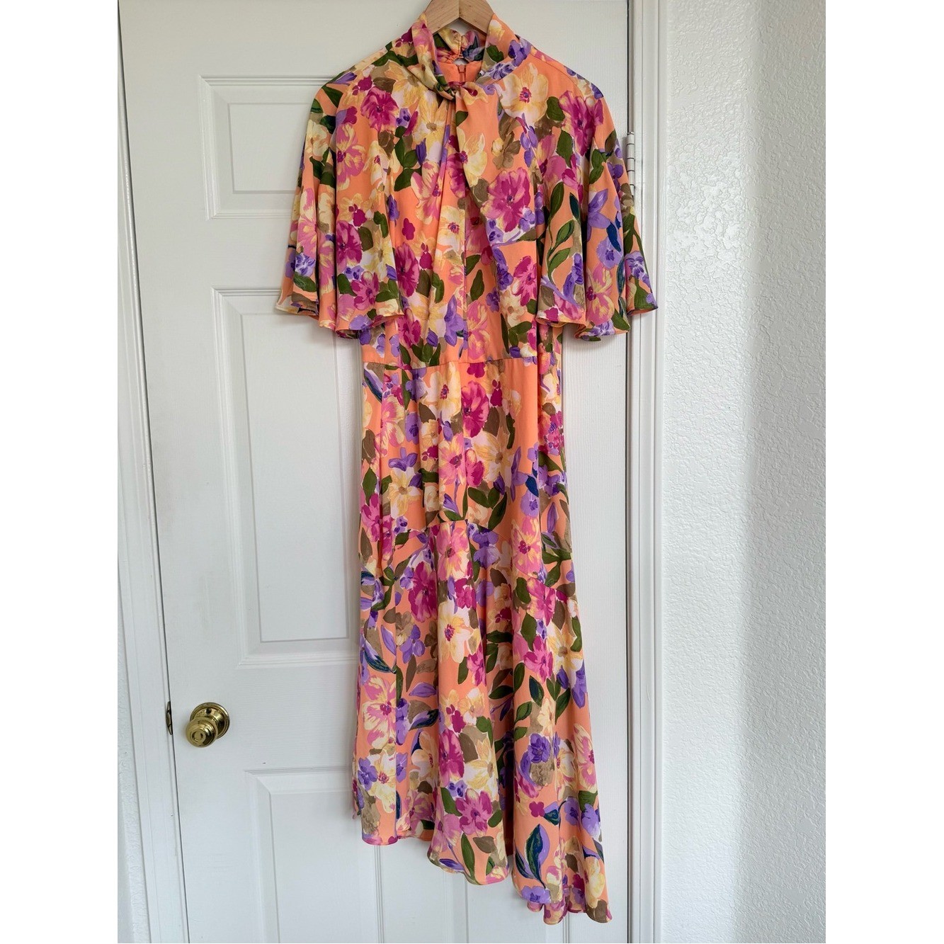 Maggy London Elegant Peach Floral Maxi Dress with Purple & Pink Blooms 16