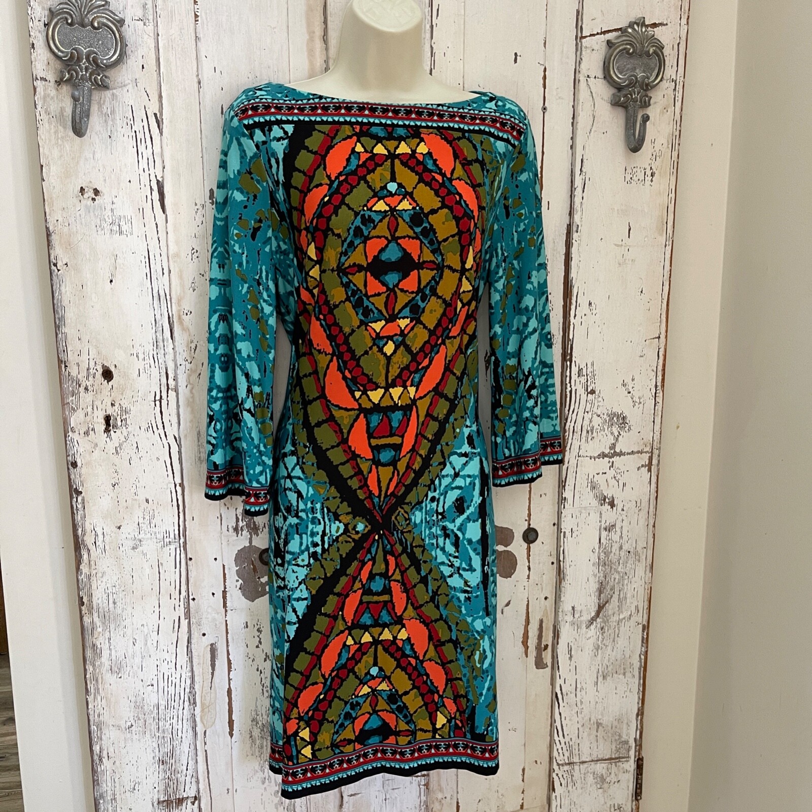 ECI Size 8 Woman’s Blue Orange Brown Red Shift Colorful Stained Glass Dress