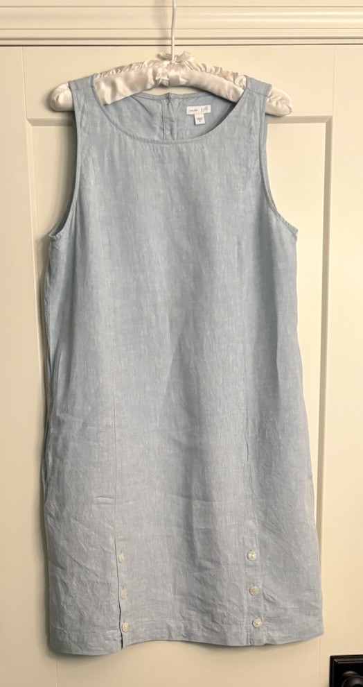 J Jill Love Linen Sz M Lt Blue Sleeveless Sheath Dress Button Detail