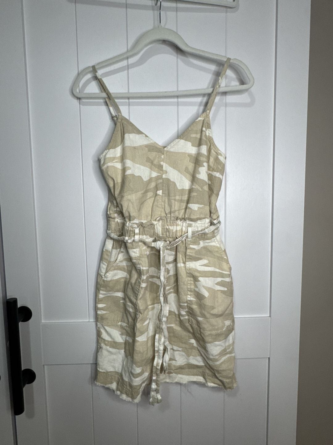 Splendid Geneva Camo Linen-Blend Mini Dress with Adjustable Straps and Belt