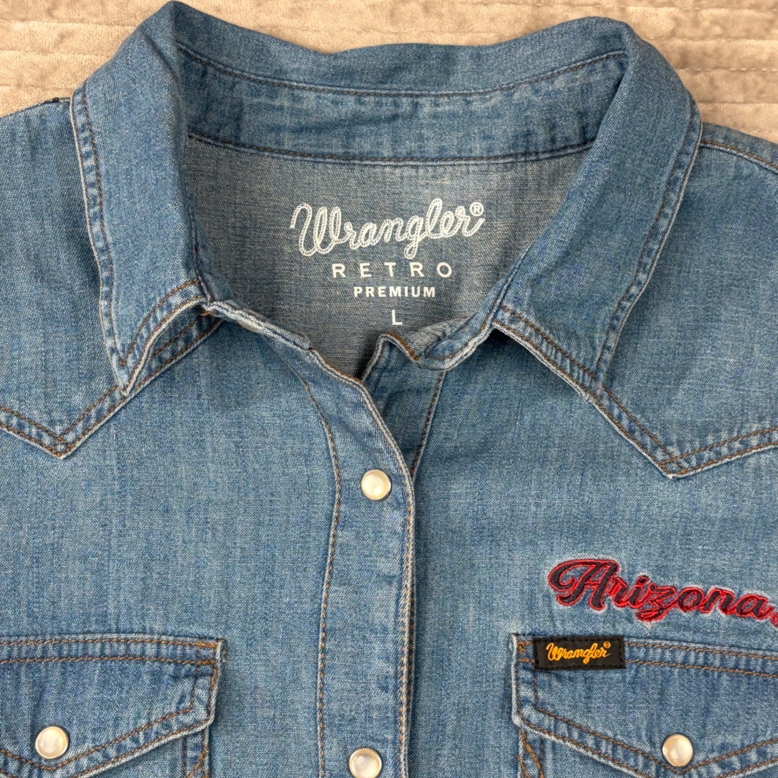 Wrangler Retro Premium Arizona Wildcats Denim Western Snap Shirt Dress Blue L