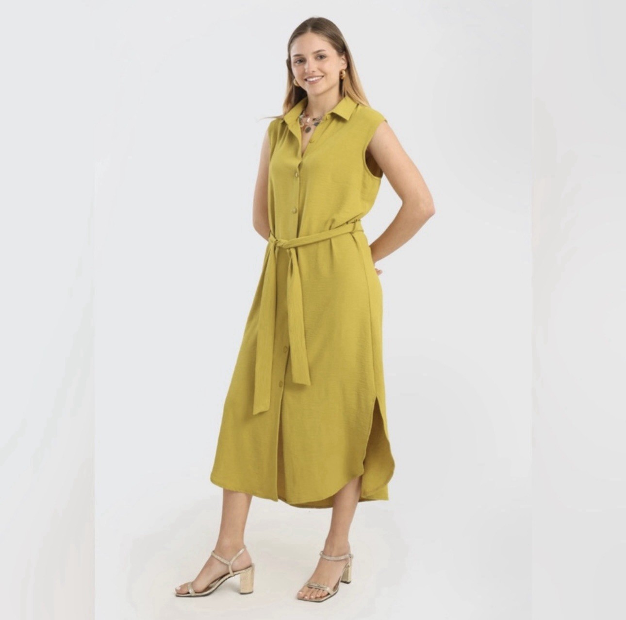 Parfois Sleeveless Side Slit Button Front Maxi Dress Yellow Size Medium