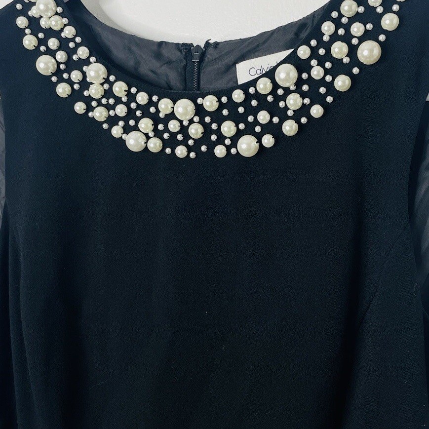 CALVIN KLEIN Petite Beaded Crew Neck Sleevess Sheath Knee Length Dress, 2P Black
