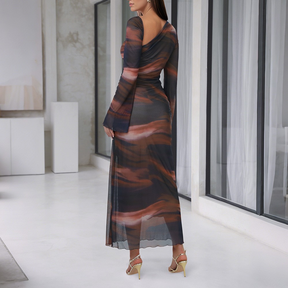 Women’s Cold Shoulder Sleeve Long Sleeve Ankle-Length Mesh Dress Party Dresses