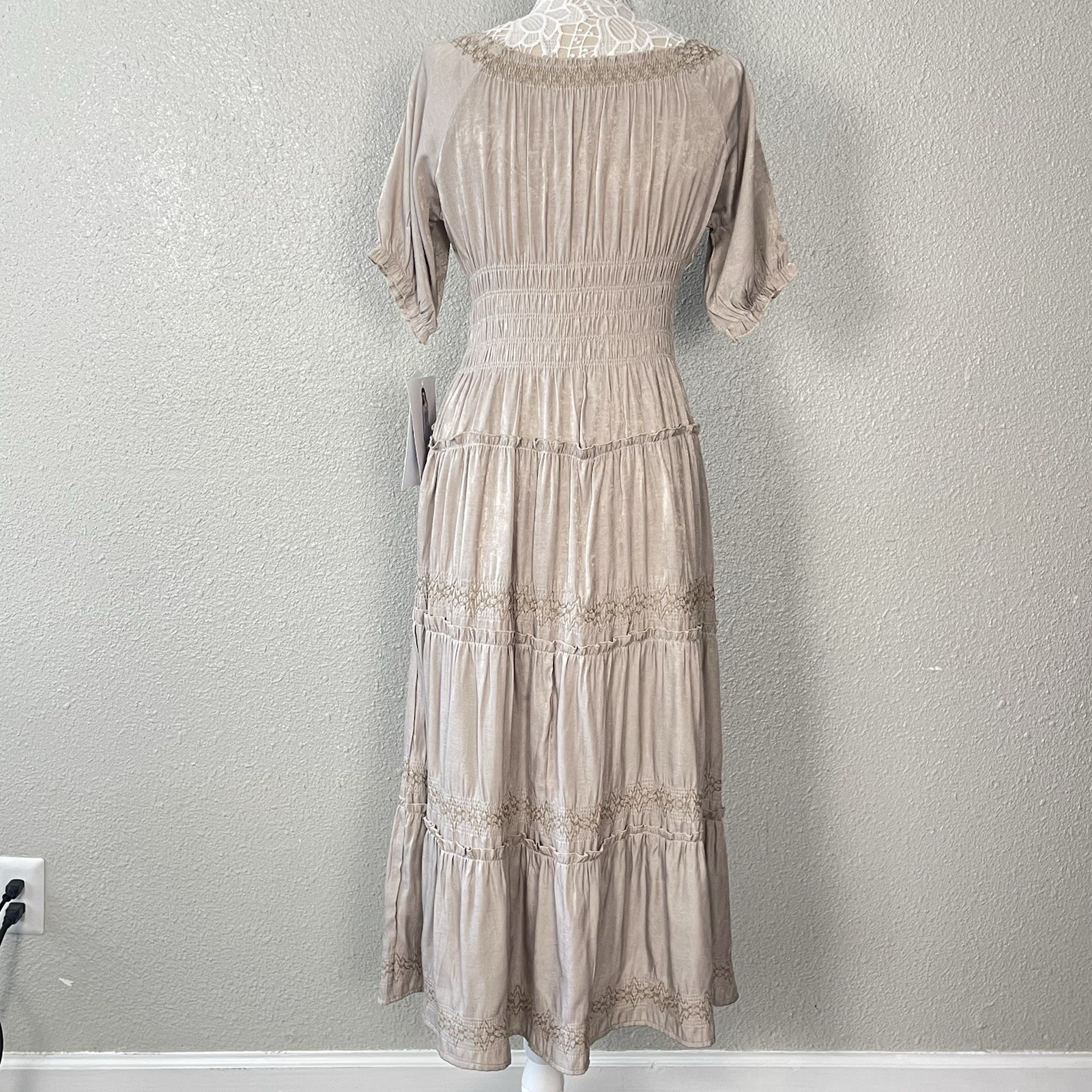 Indigo & Lace Milkmaid Maxi Dress Medium Taupe Tiered Resort Cottage Peasant