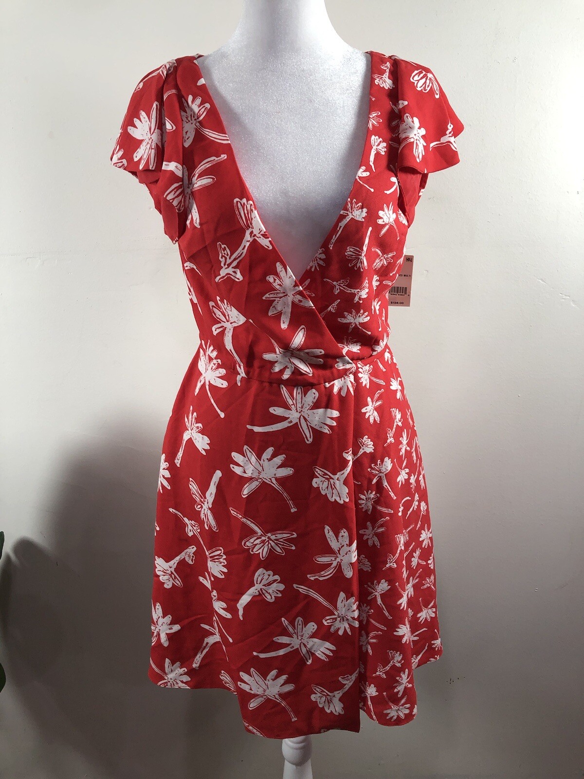 FRENCH CONNECTION US 0 Lollipop Red Multi V NECK SUMMER MINI DRESS