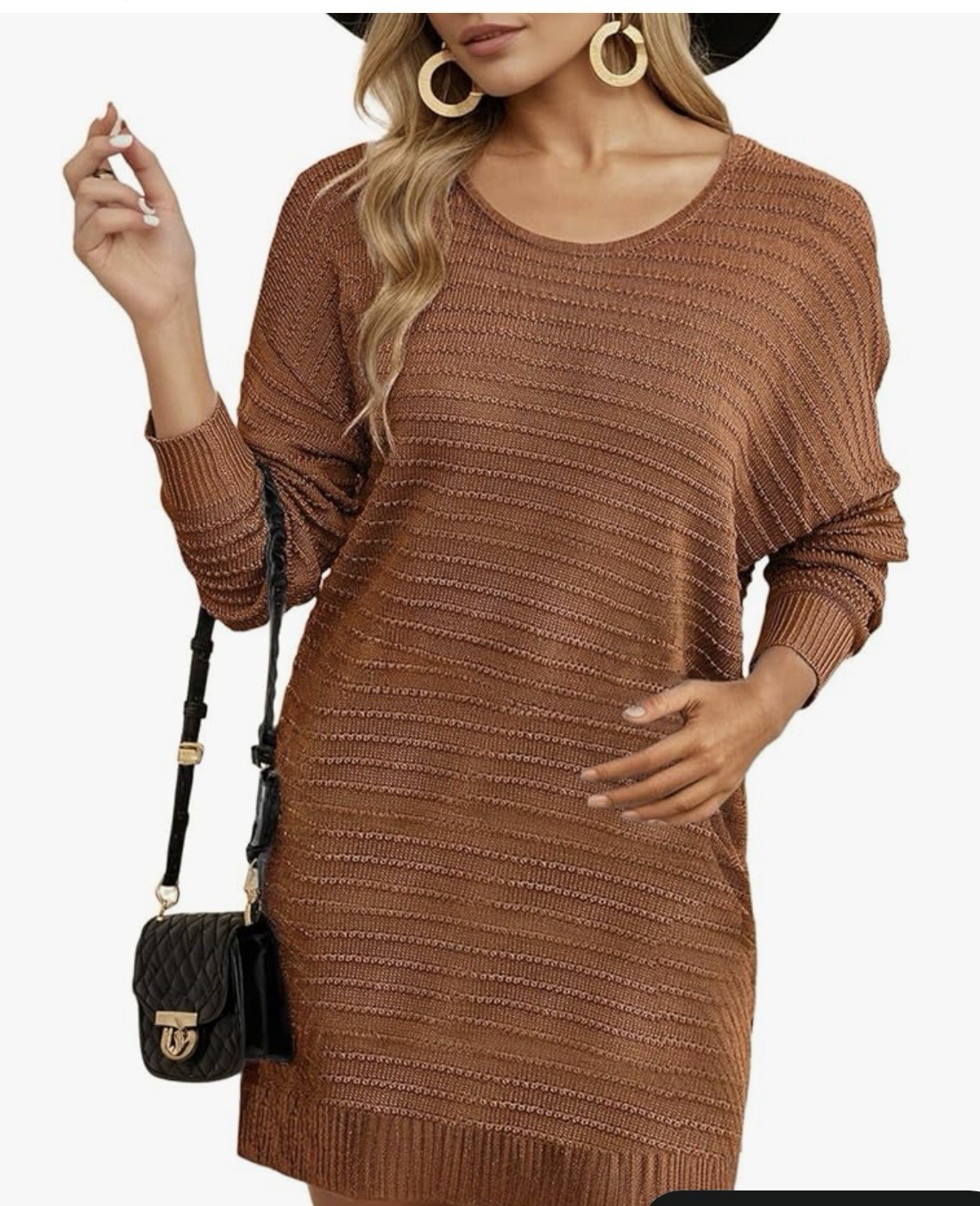 Women’s Brown Solid Ribbed Knit Sweater Dress Round Neck Long Sleeve size M