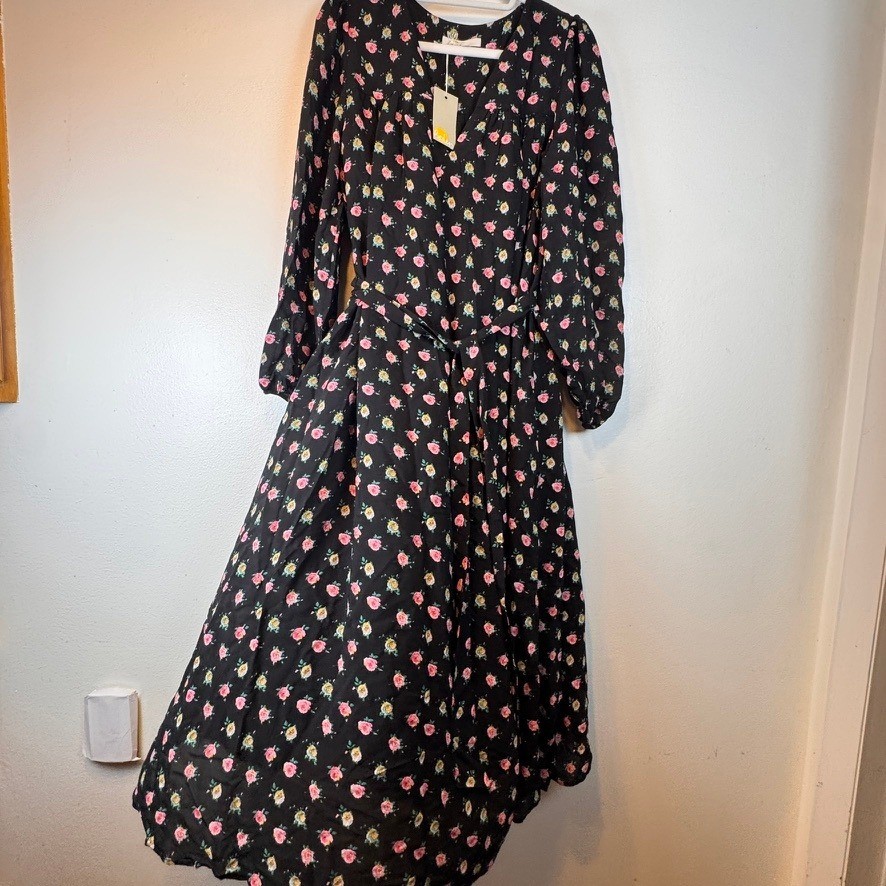Boden Black Floral Rose V-Neck Midi Dress Long Sleeve Tie Waist D0389 Womens 6R
