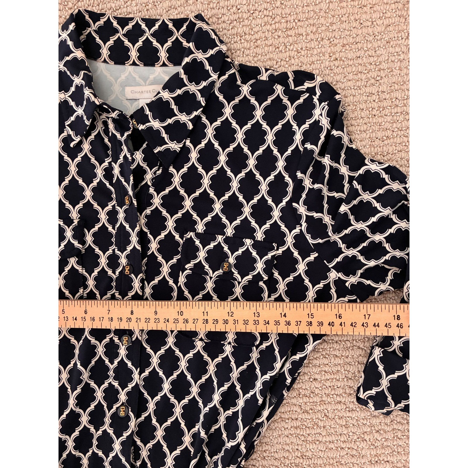 Charter Club Navy Blue Trellis Print Shirt Dress 3/4 Sleeve Belted Size M