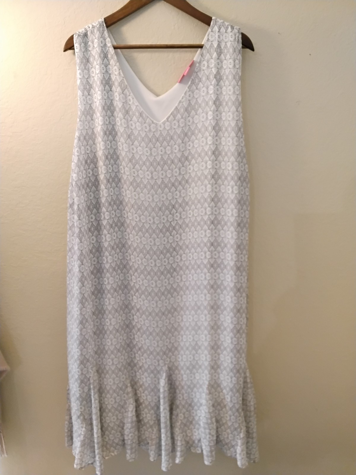 Woman Within Maxi Dress Womens Size 30W Grey White Geometric Ruffle Hem V-neck