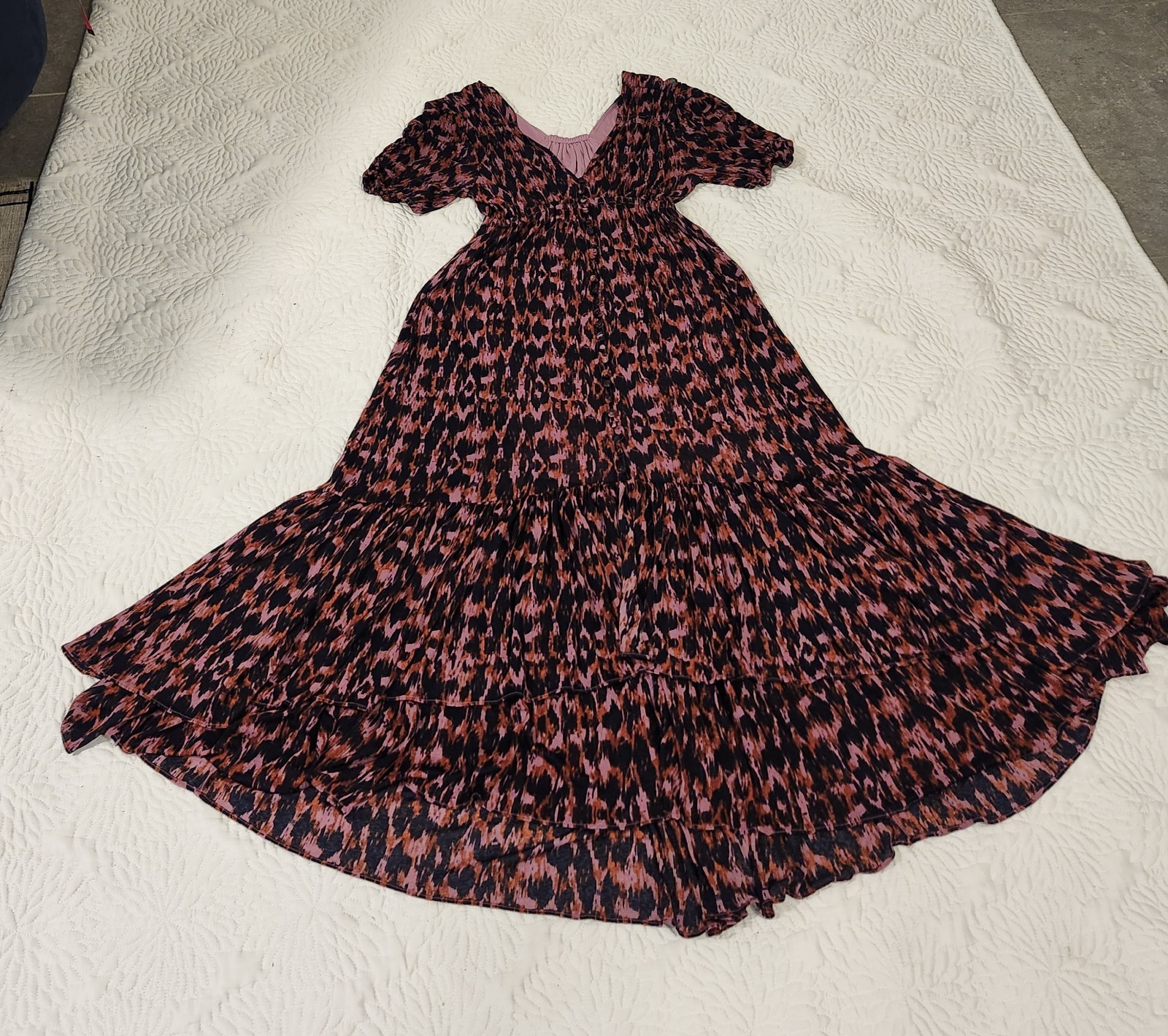 Anthropologie Purple Printed Ruched-Sleeve Mesh Lined Maxi Dress Petites Sz S