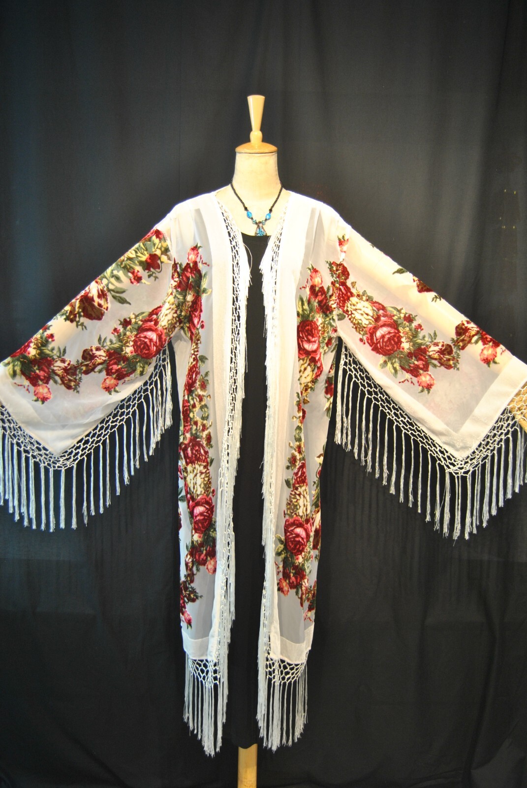 Art to Classic Eastern Flower Burnout Velvet Fringe Jacket Coat Kimono Duster
