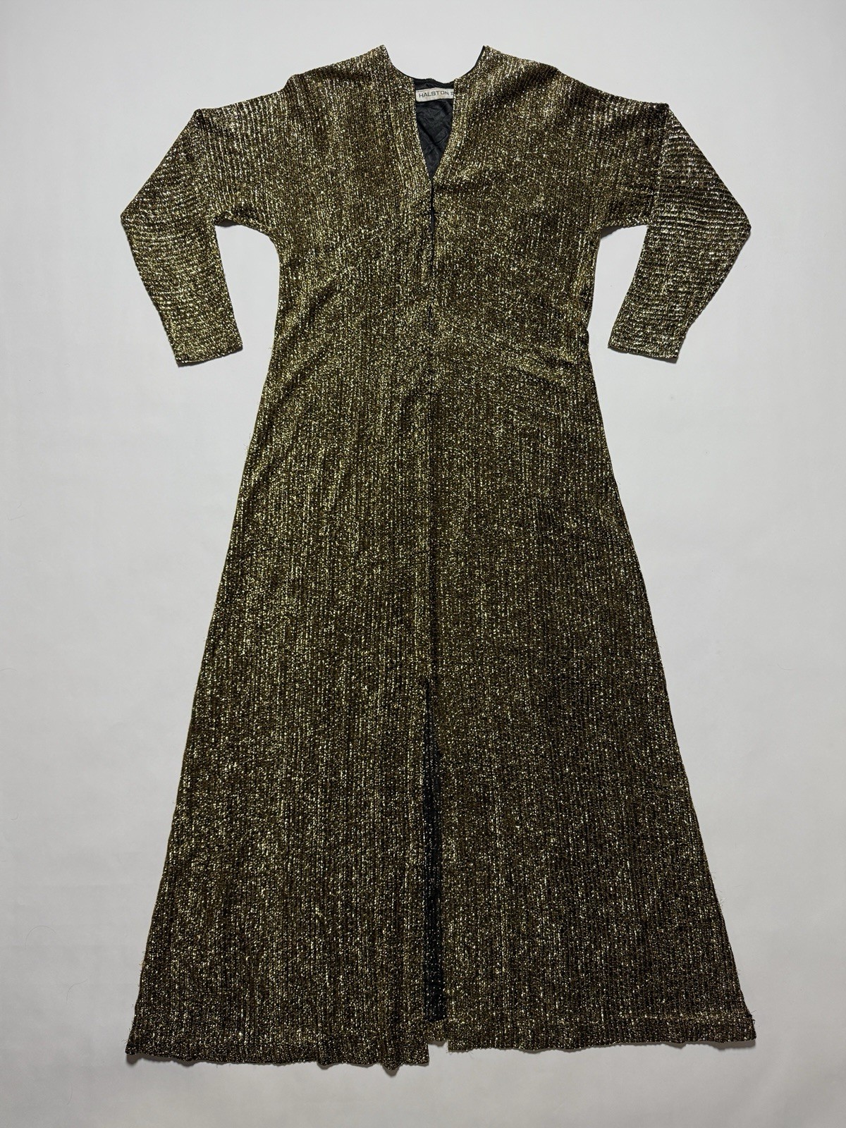Halston IV 1980s Dorian Black Metallic Gold Lame Maxi Full Length Caftan Kaftan