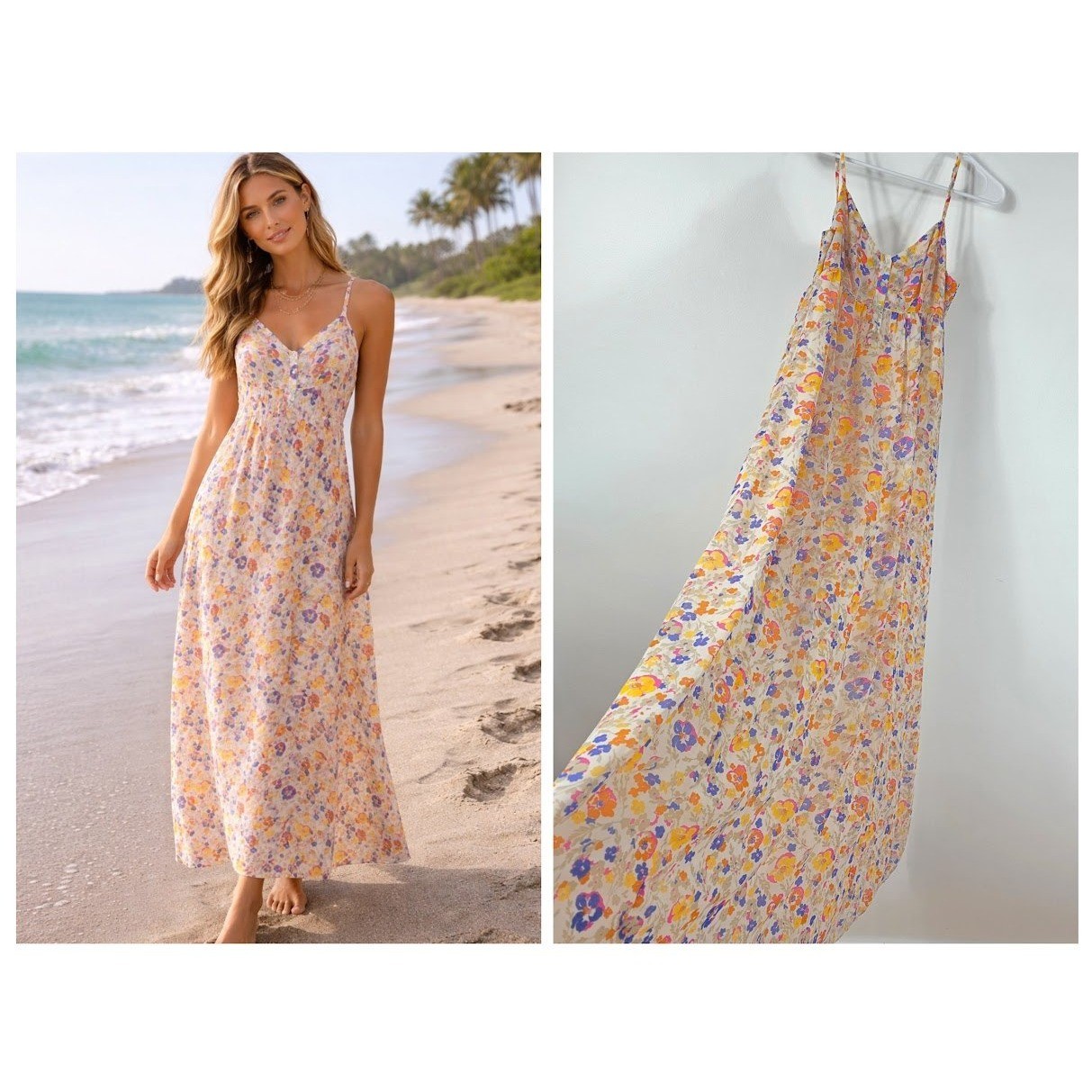 Moda International Maxi Dress Women Small Floral Multicolor Smocked Boho Beach
