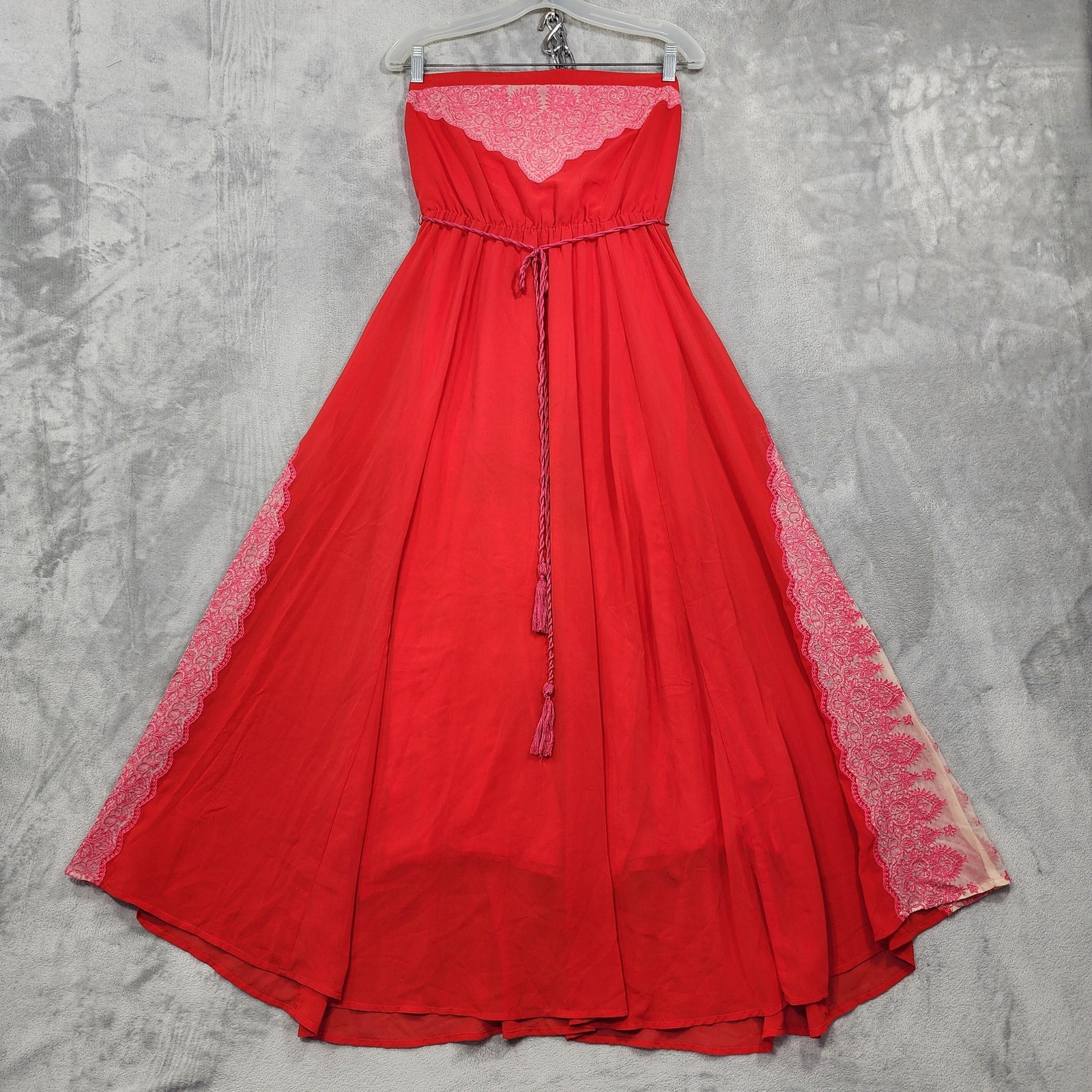 Champagne & Strawberry Dress Womens S Red Strapless Lace Maxi Tassel Boho Anthro