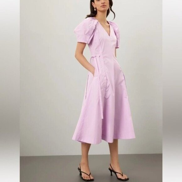 3.1 Phillip Lim Puff Sleeve Side Tie Poplin Flare Dress Midi Length Purple Read