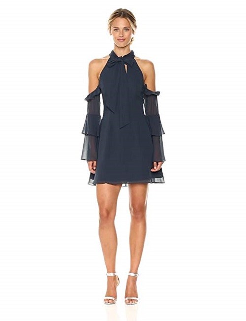 Keepsake The Label Women’s Twilight Dreams Bow Cold Shoulder Mini Dress, Navy, L