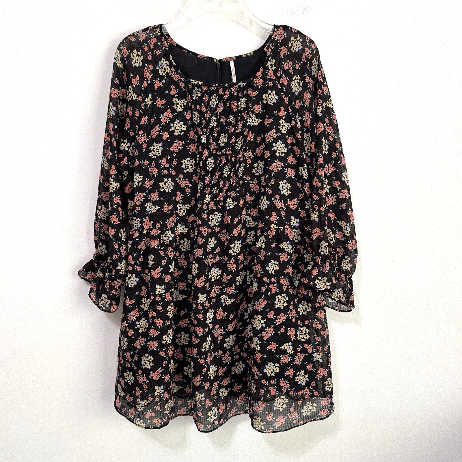 Free People Doll Pants Floral Mini Tunic Dress 10 3/4 Sleeve Lined Short Boho
