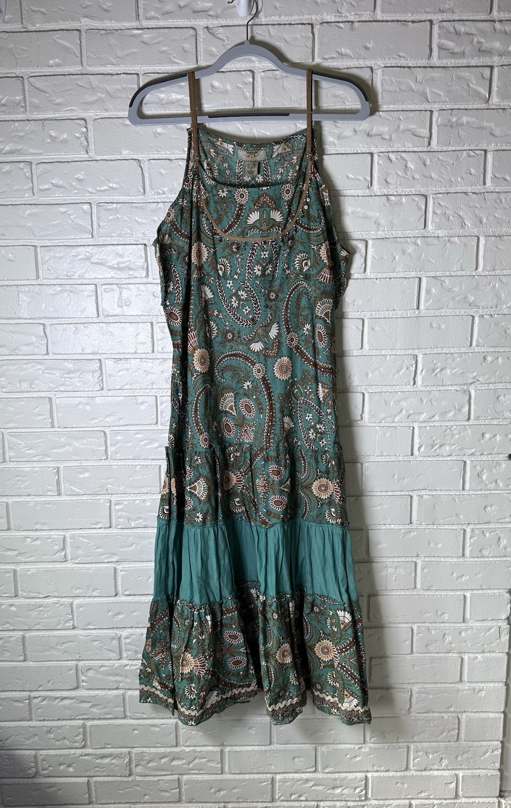 Vasna XL Boho Festival Paisley Midi Dress Teal Brown Beaded Straps Cotton India