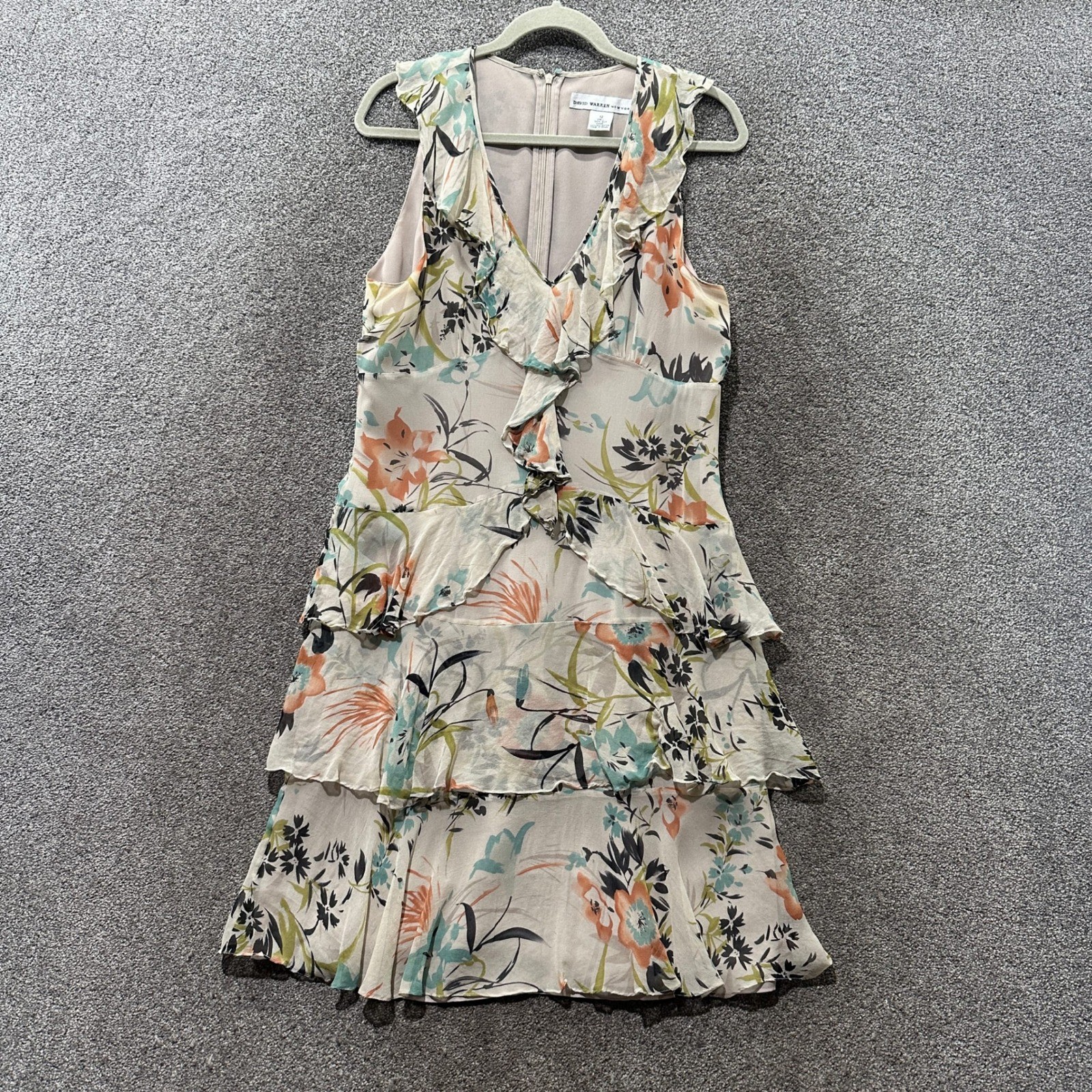 David Warren 100% Silk Tiered Ruffle Midi Dress Size 12 Floral Fairy Romantic
