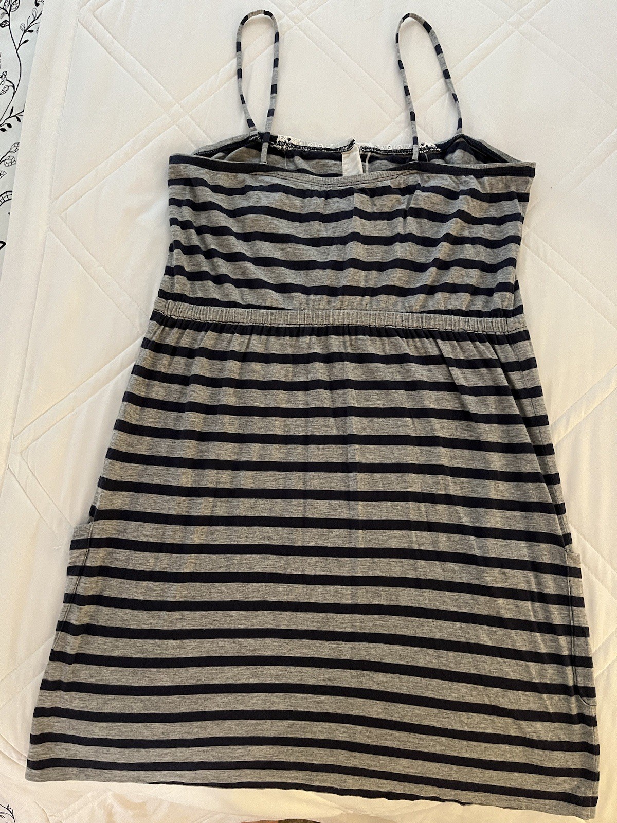 VTG Juicy Couture Spaghetti Strap Dress Women’s Navy Blue Grey Stripe Lace