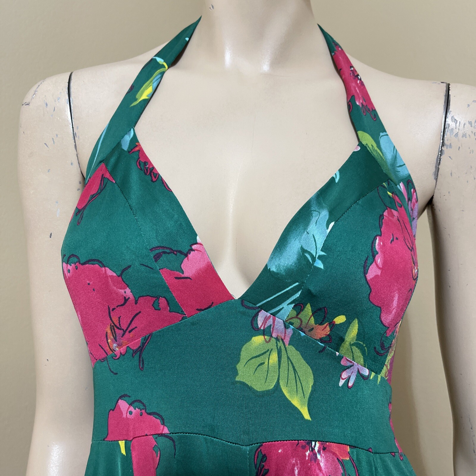 Women’s Green Floral Bright Polyester Casual Stretch Open Tie Size L Sundress