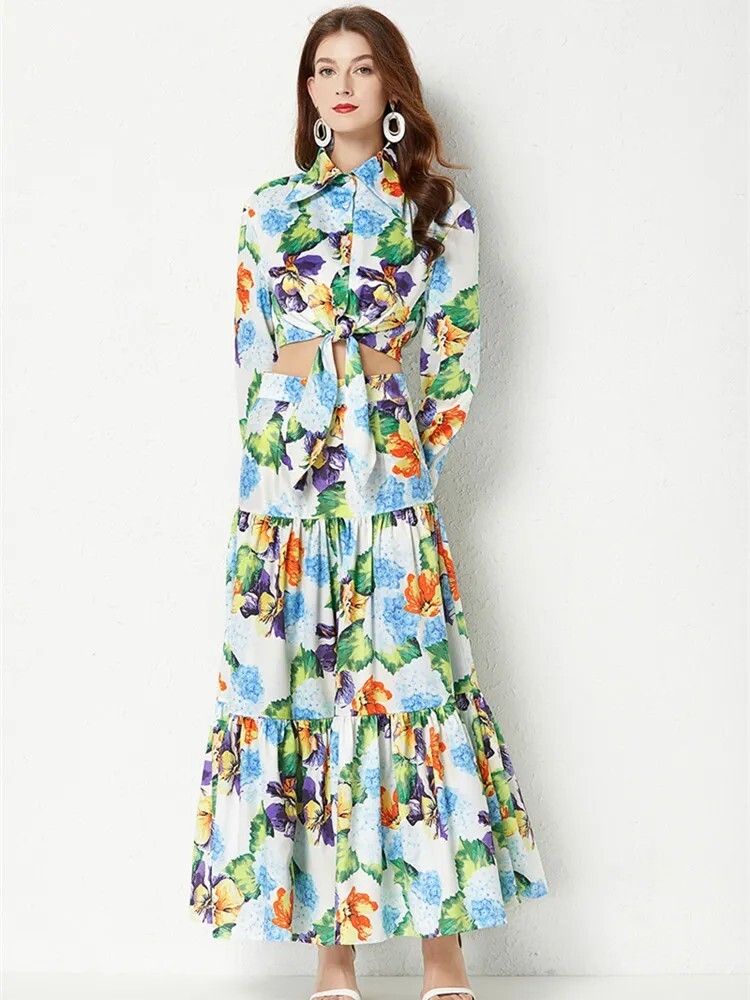 2022 Summer Runway Hydrangea Flower Vacation Maxi Boho Suit Women s-xxl