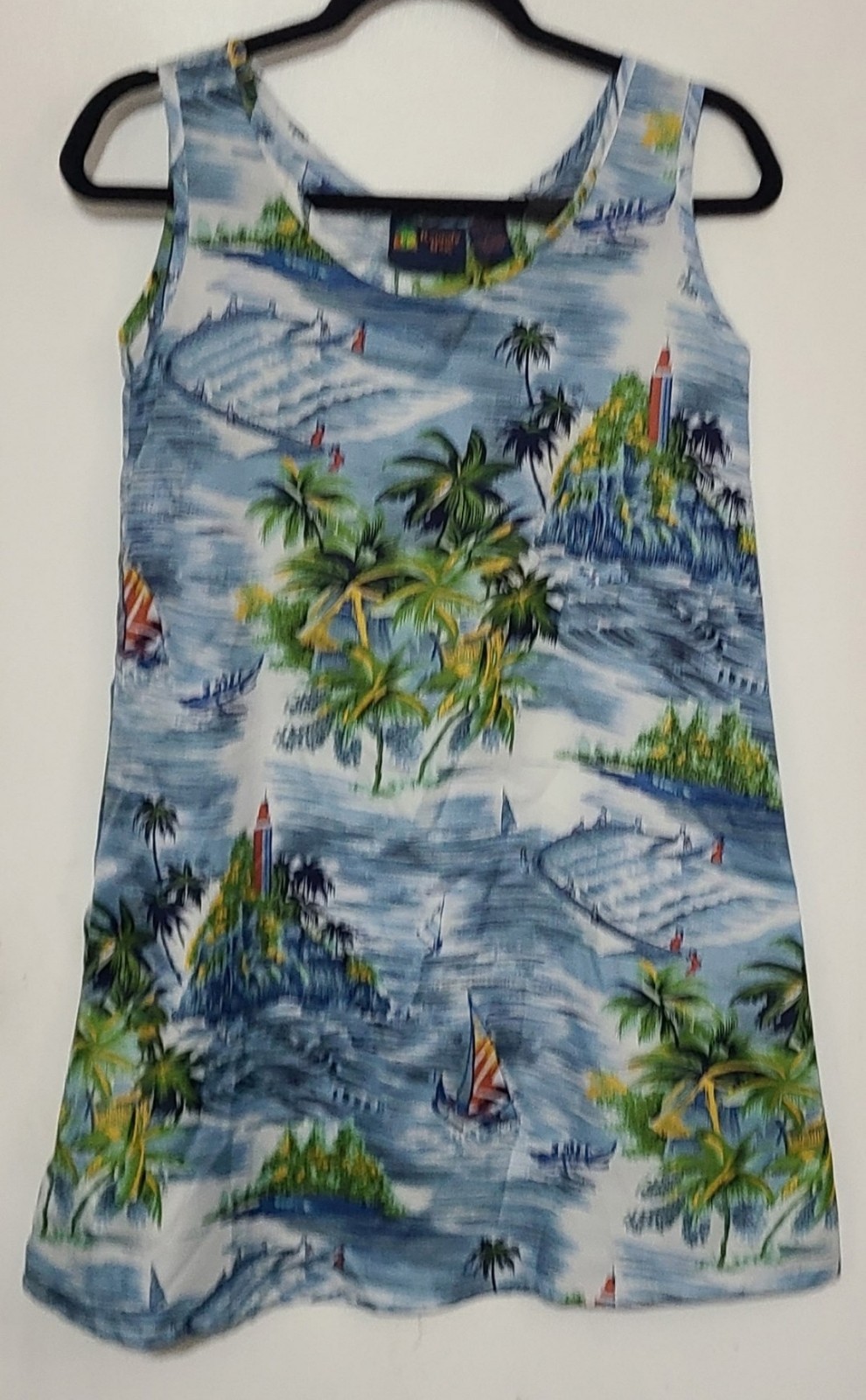 Roundy Bay Tropical Island Print Womens S Blue A-Line Beach Resort Tank Dress