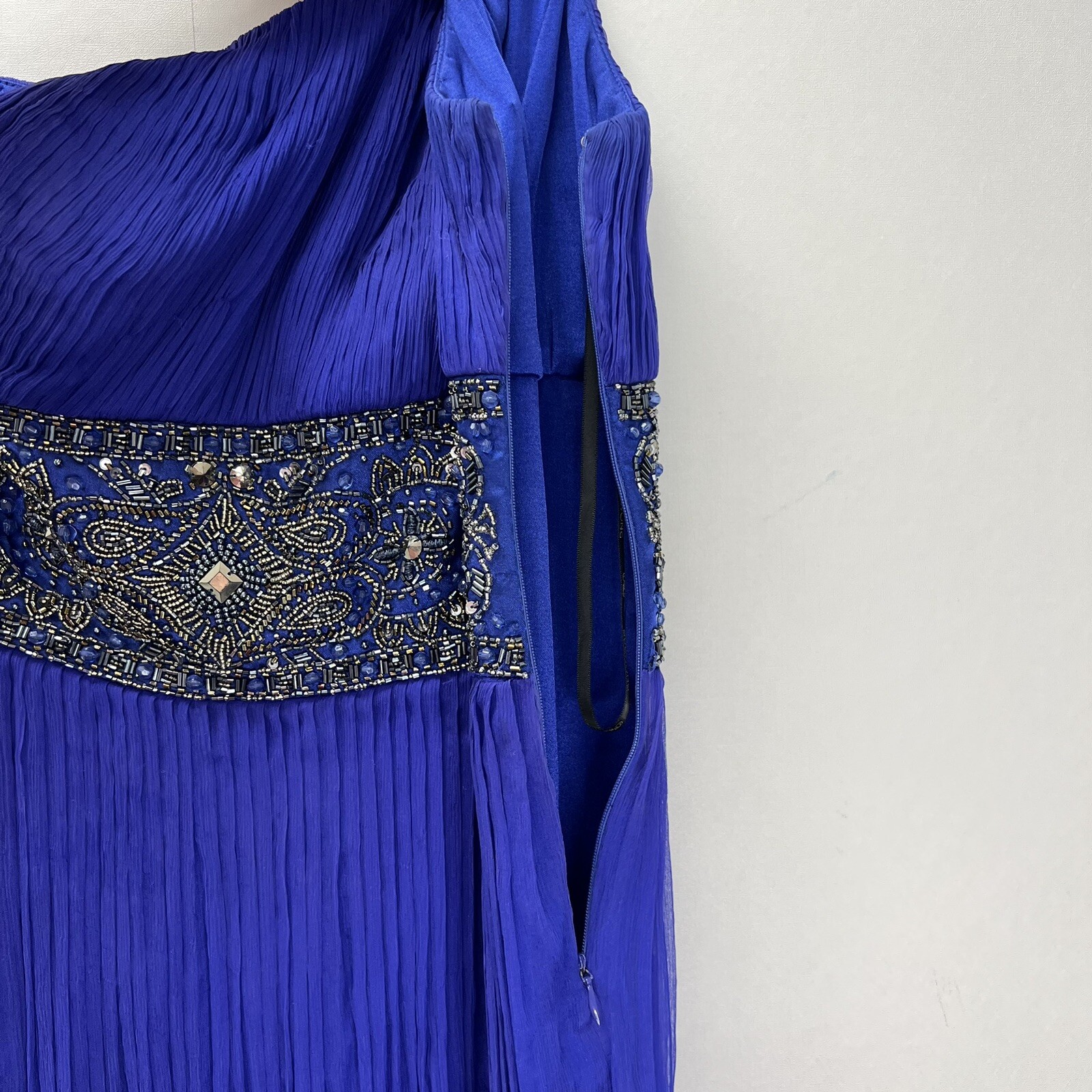 Sue Wong Nocturne Blue Silk Beaded Sequin Embellished One Shoulder Mini Dress 6