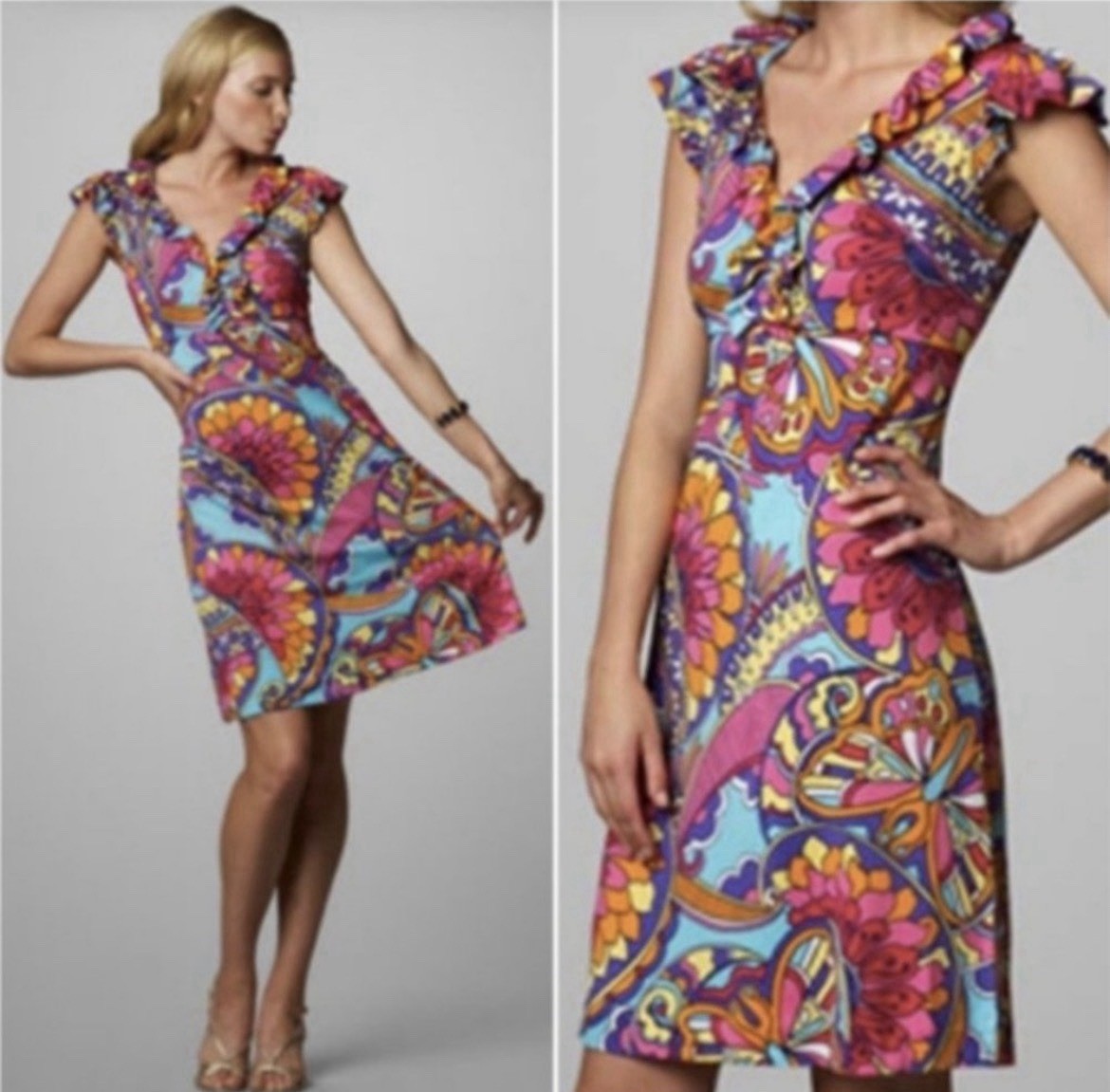 Lilly Pulitzer Blue/Green Floral Ruffle Shift Dress V-Neck Cap Sleeve S